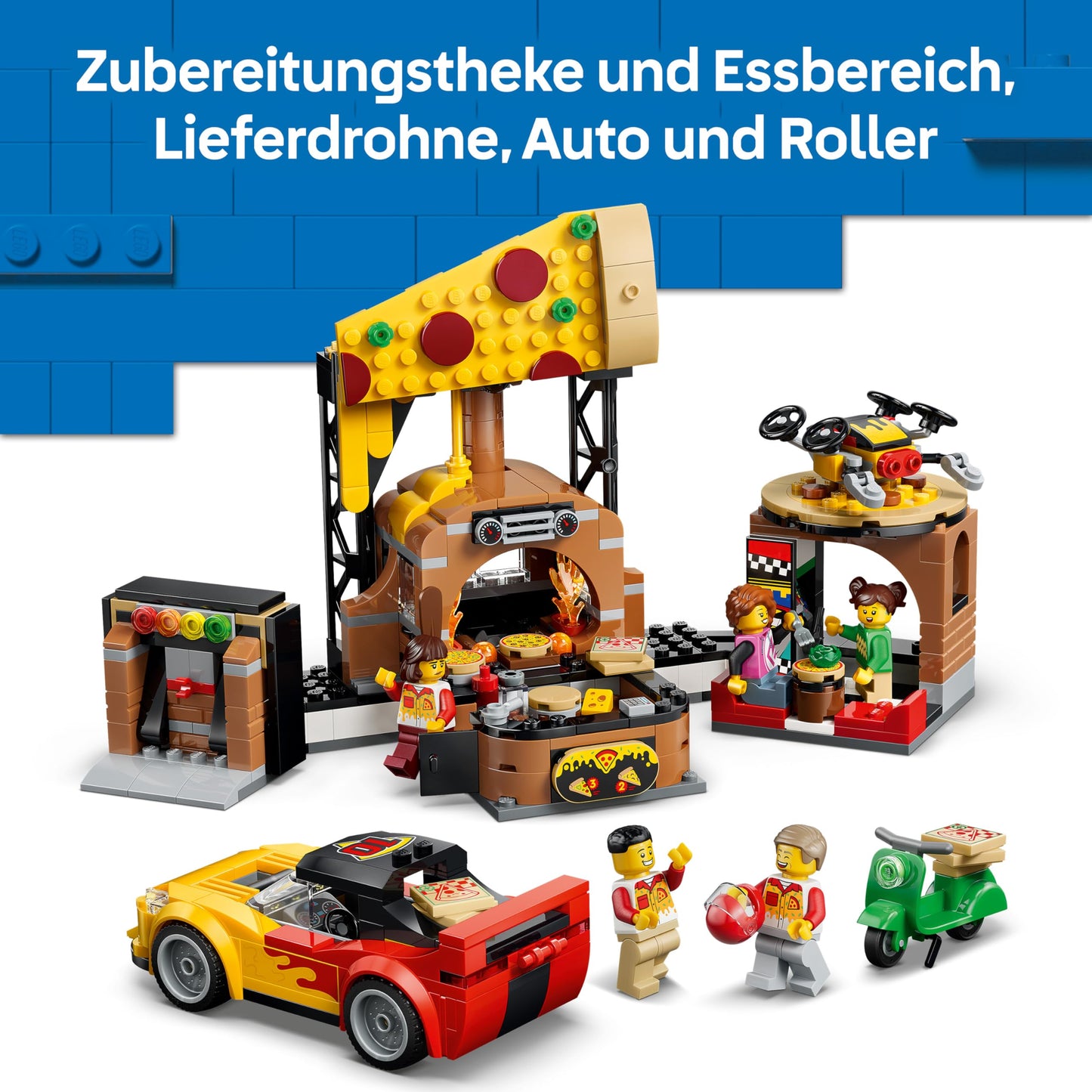 LEGO City Pizza Delivery Experience with Vehicles - Includes Toy Car, Scooter, Drone, Arcade Machine and 4 Minifigures - Birthday Gift for Boys Ages 6 and Up - 60496