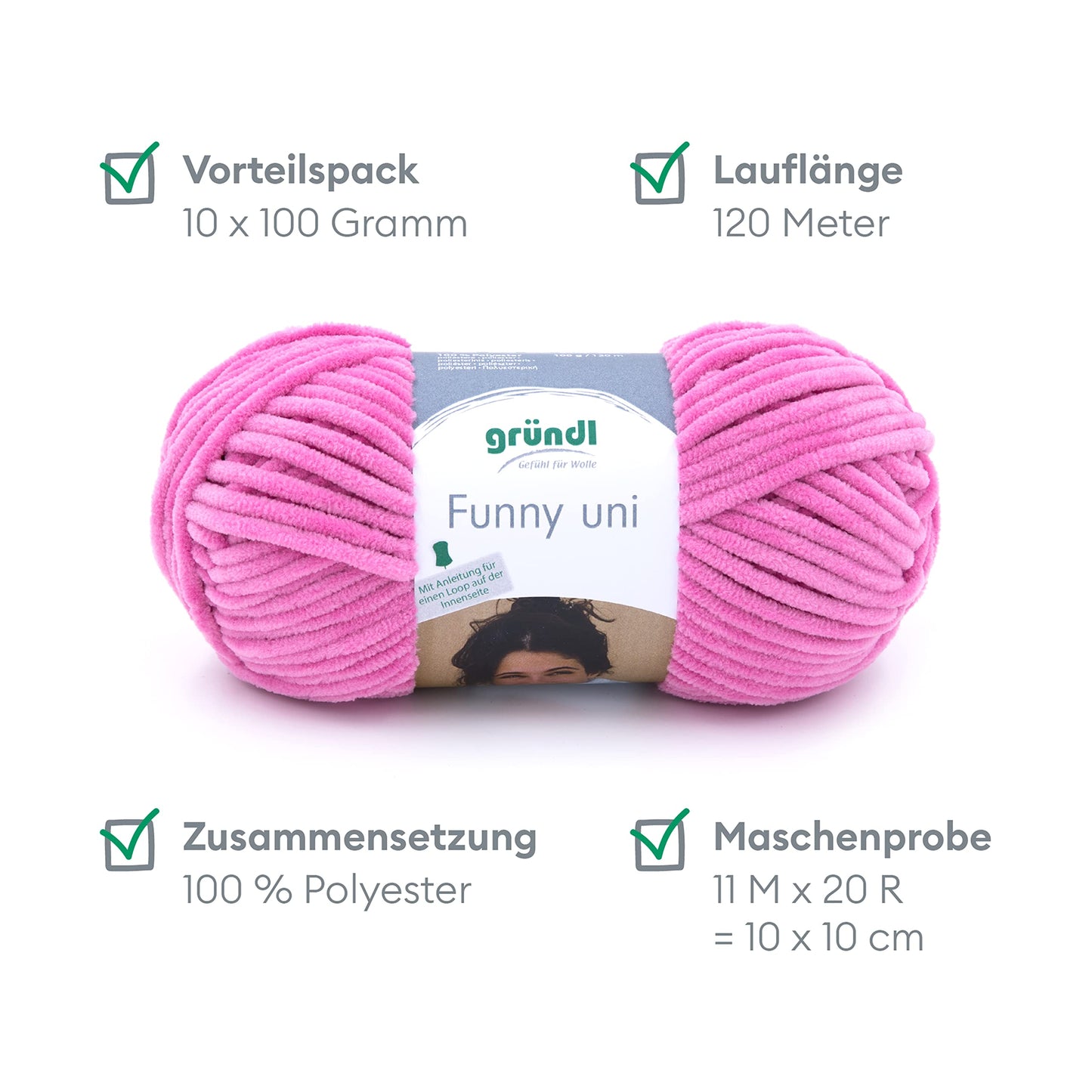 Gründl Wolle Funny uni - soft chenille wool for crocheting - cuddly and skin-friendly - 100% polyester - 10 balls 100 g / 120 m - needle size 5-6, fuchsia - 3442-10