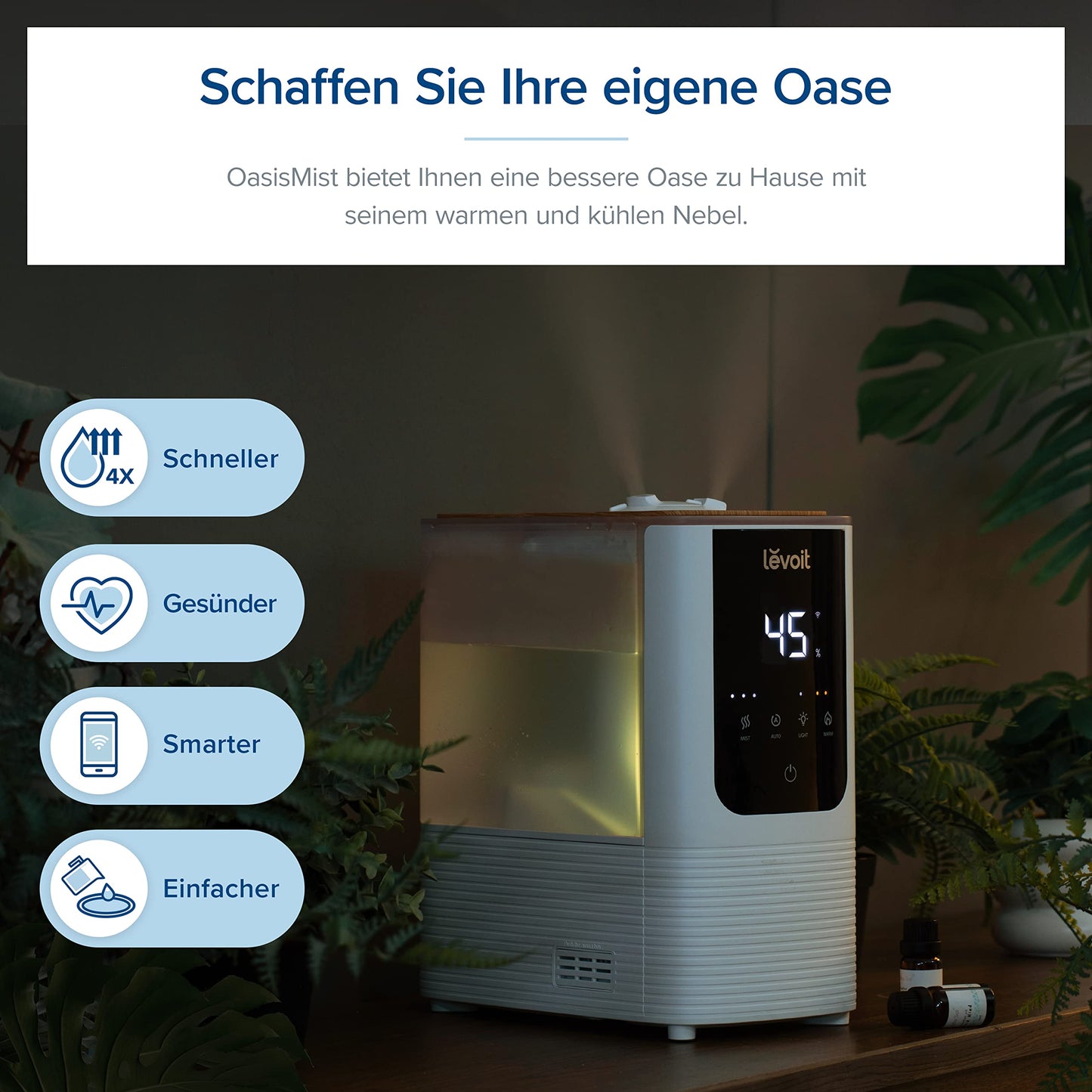 Levoit Smart humidifier for large rooms, top-fill humidifier, warm & cold mist max 550 ml/h, up to 40㎡, quiet room humidifier with night light for plants, auto shut-off, 4.5 L, moon white - LUH-O451S-WUK