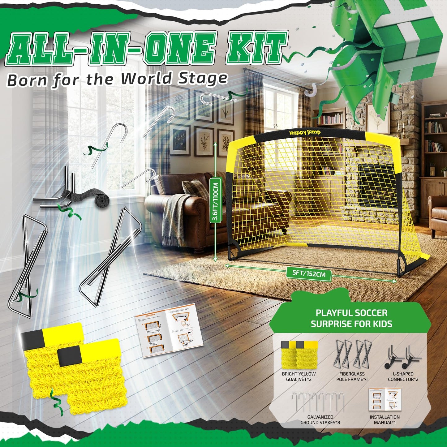 Happy Jump Pop-Up Football Goals – 152x110 cm, 2 Goals | Robust, foldable fiberglass goals for children and adults For outdoor & leisure - A233259BQ1