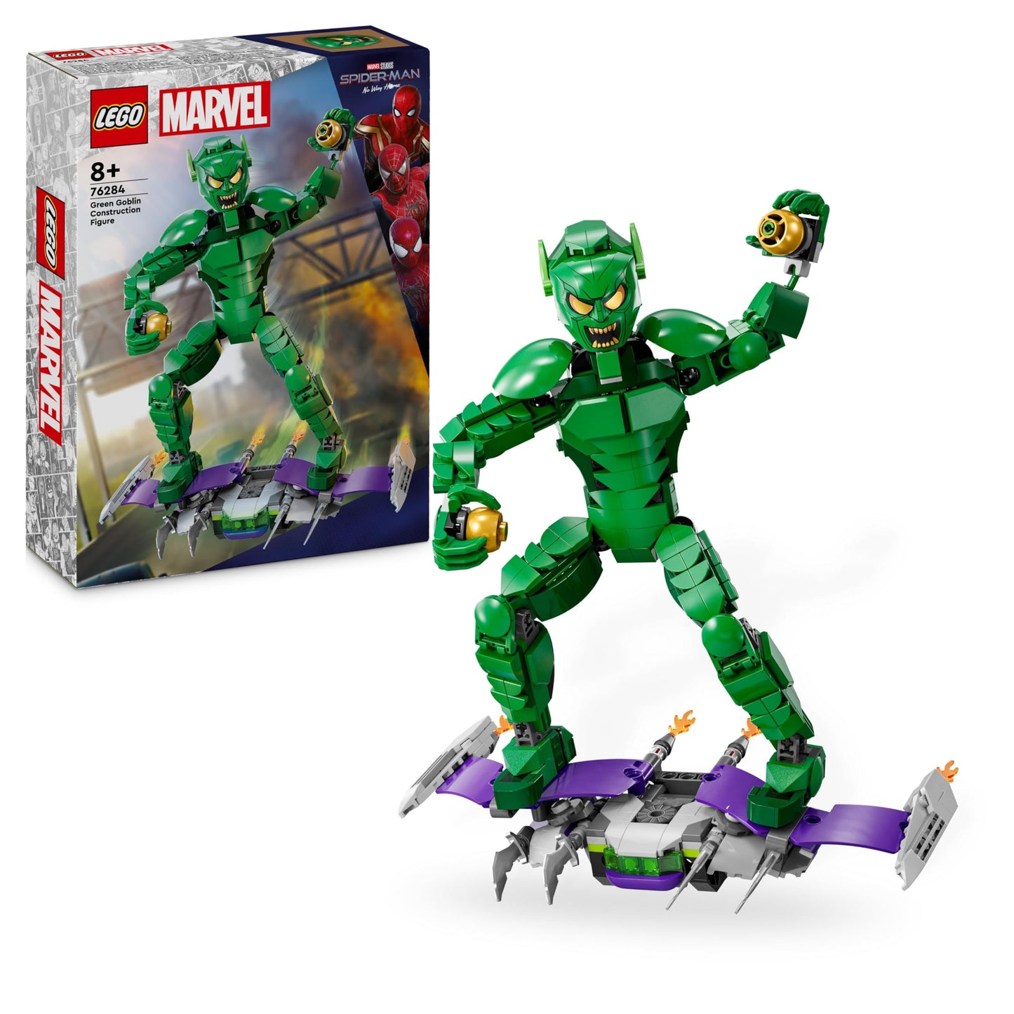 LEGO Marvel Green Goblin building figure - movable supervillain toy for children aged 8 and over - boys and girls - Spider-Man universe set with glider and pumpkin bombs - children's gift - 76284