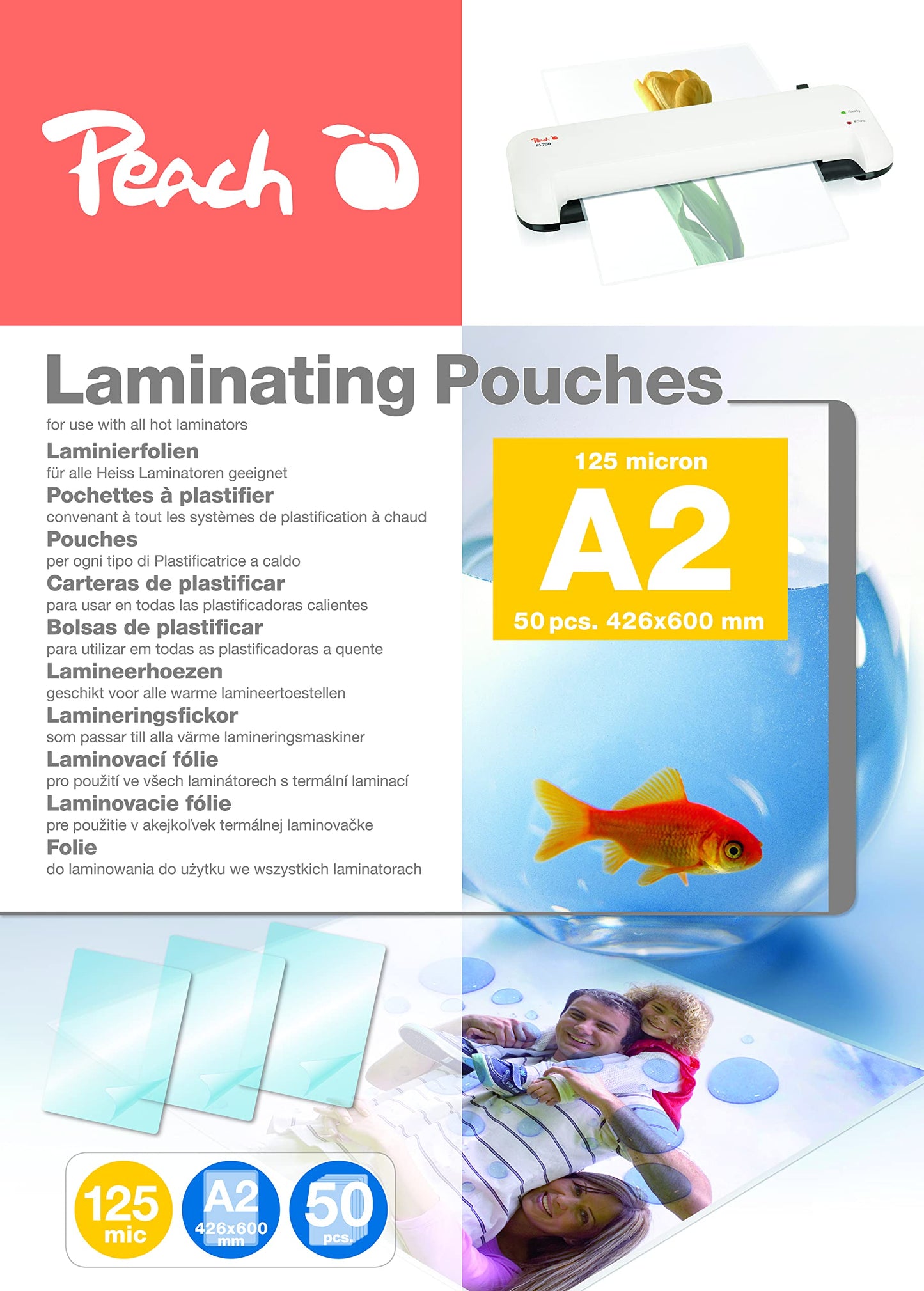 Peach laminating pouches A2 50 pieces 2 x 125 mic (250 µm) glossy - ultra strong - PP525-12