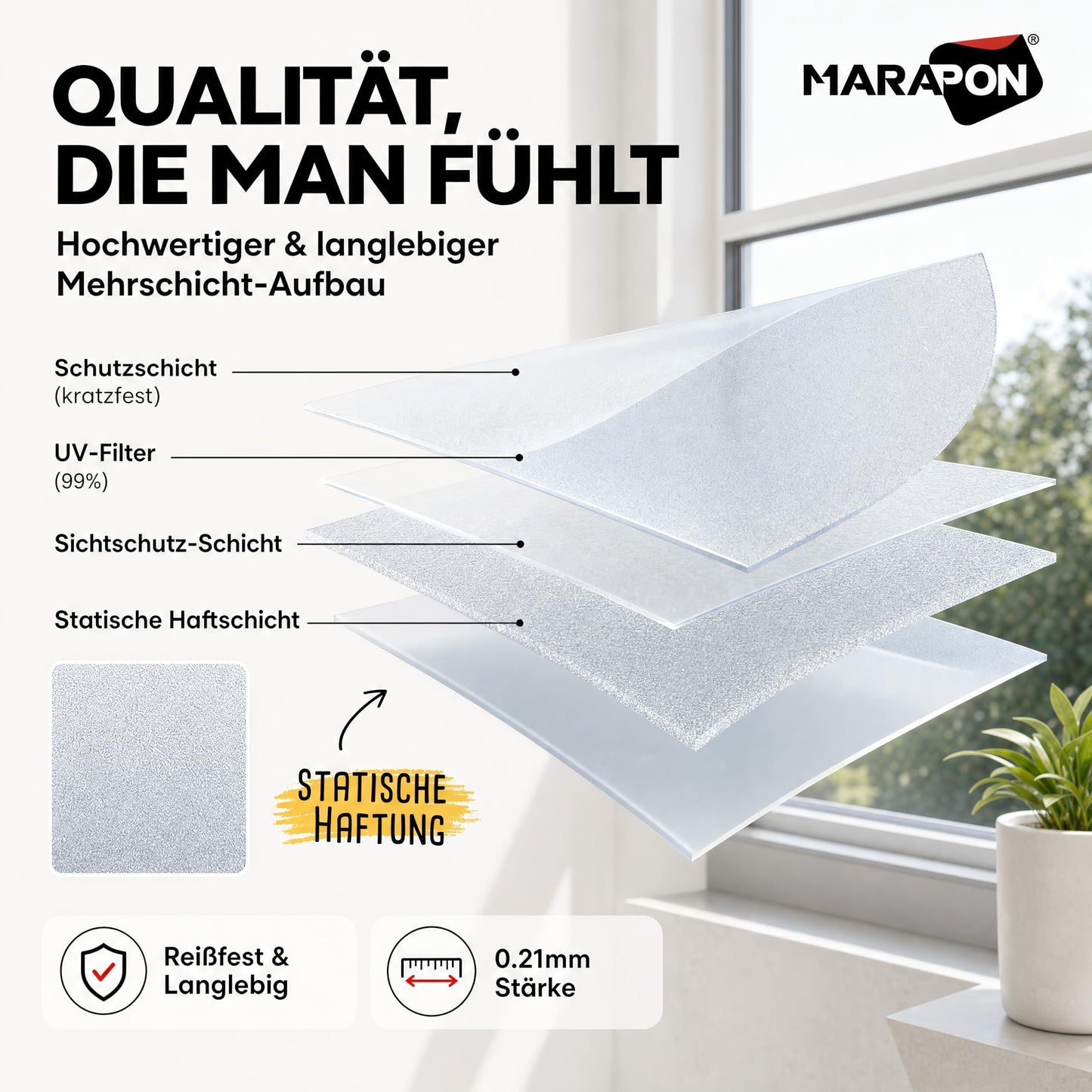 MARAPON window film opaque in matt 1.05x50 m statically adhesive privacy film window, frosted glass film window film opaque from the outside for privacy and UV protection or window decoration - M10550-WS