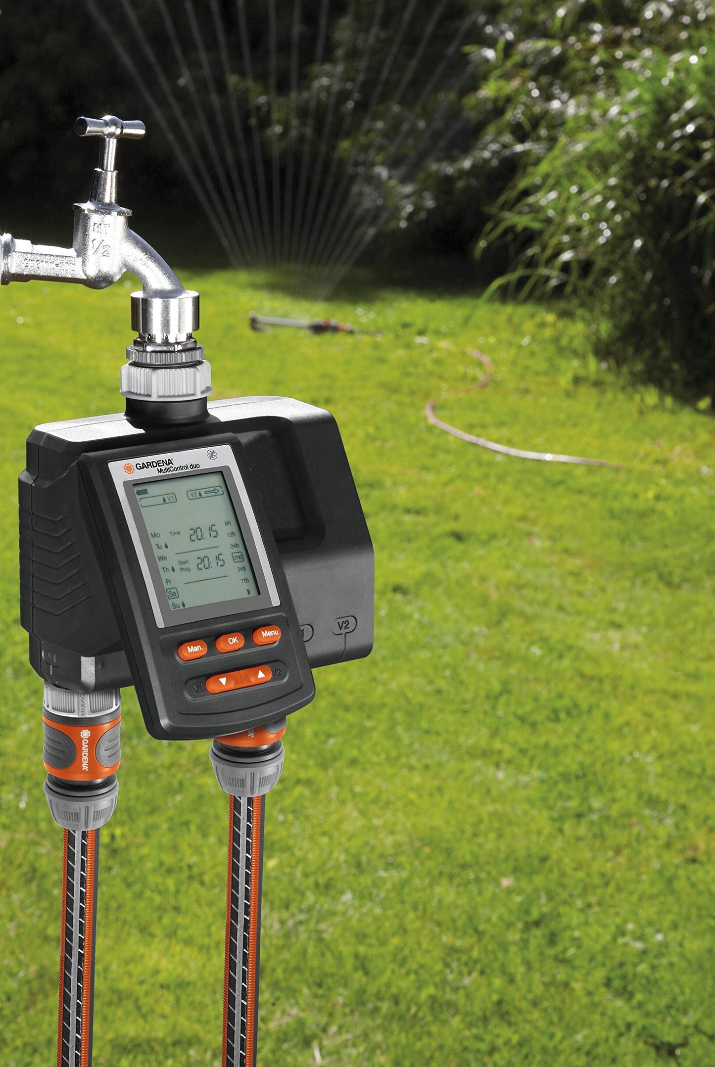 Gardena irrigation computer MultiControl Duo: automatic irrigation control, days of the week programmable, up to 3 irrigations per day, with LC display (1874-20) - 01874-20