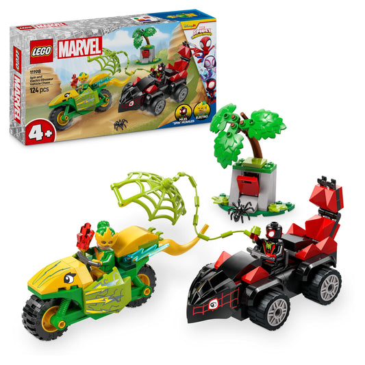 LEGO Marvel action fun with Spin and Electro in their dinosaur speedsters, buildable superhero car for boys and girls aged 4 and up, hero set with toy car, Spidey and his super friends 11198