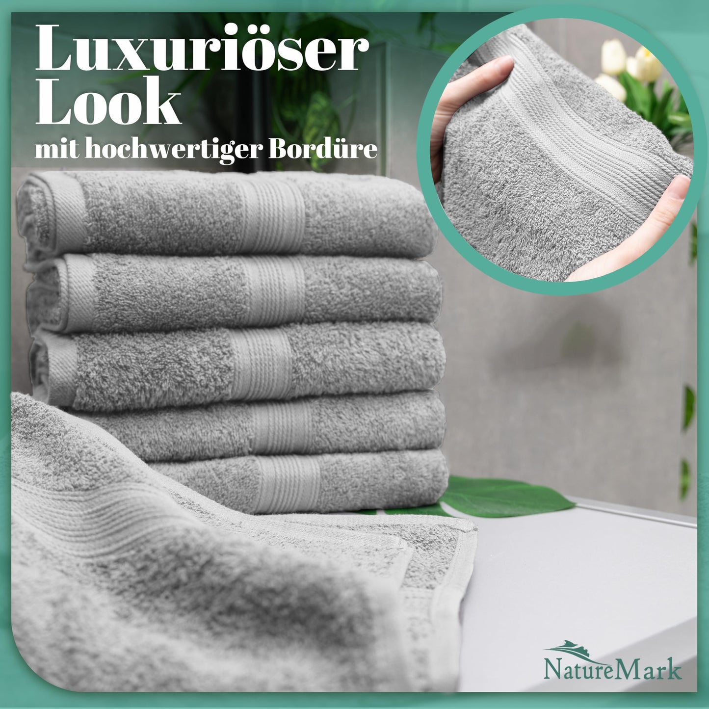 NatureMark 8 towel set - 100% cotton - absorbent and durable towels, size 50×100cm, silver gray - 8er_silber