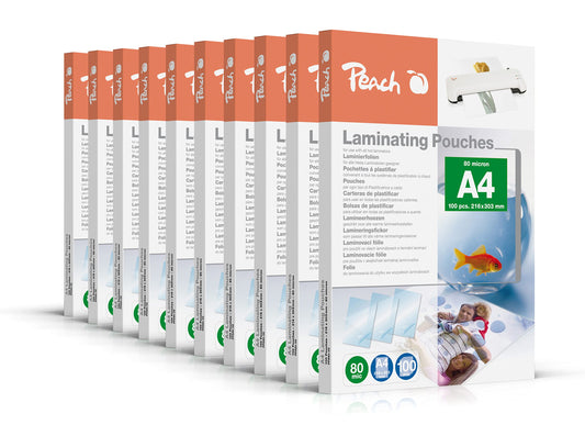 Peach laminating pouches A4-80 mic - 10 x 100 pouches - glossy - premium quality for best laminating results - compatible with devices from all brand manufacturers - PP580-0210A
