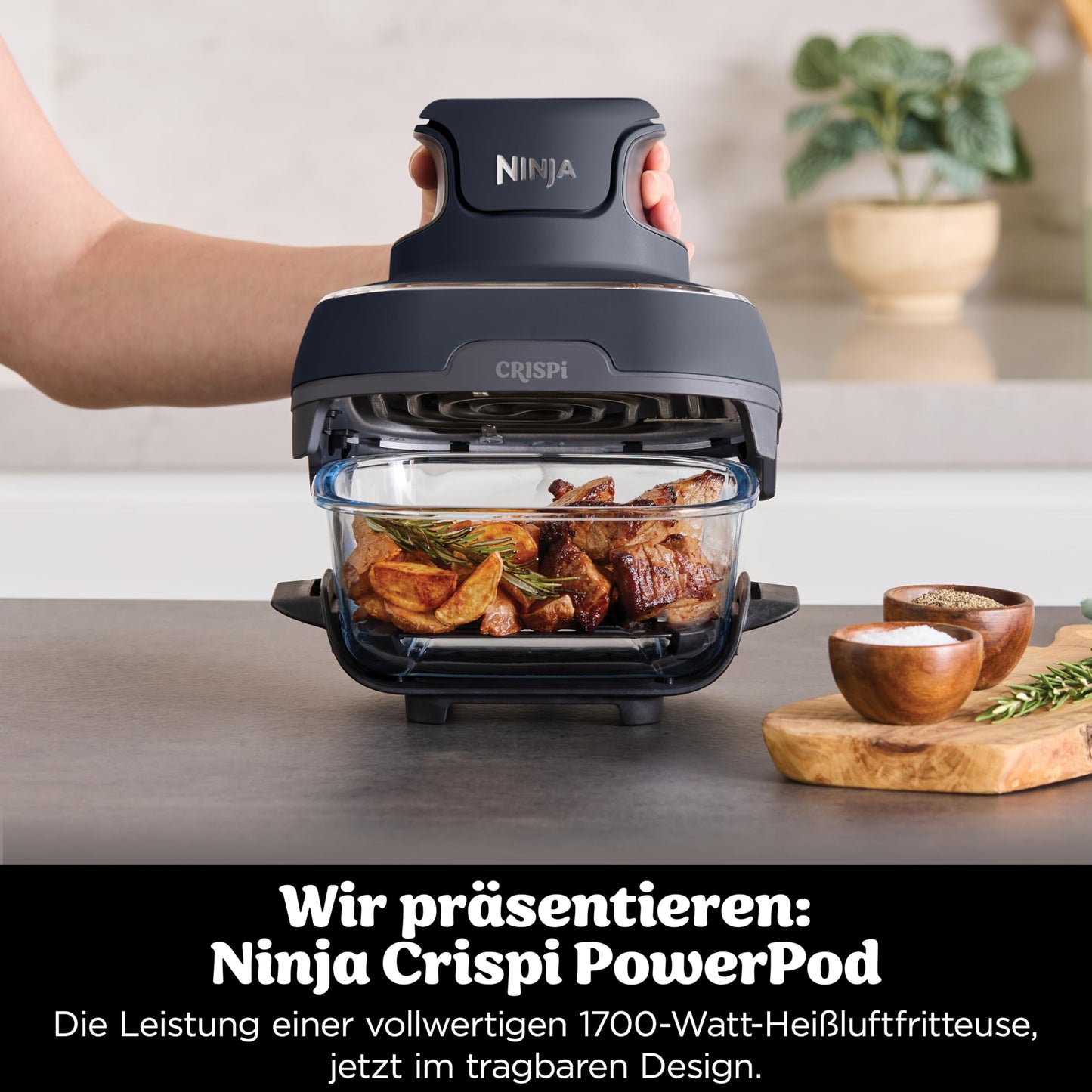 Ninja CRISPi Portable Air Fryer Hot Air Fryer, 3.8L, 4-in-1: Air Frying, Roasting, Keeping Warm, Recrisp, Compact, 6 Servings, 2 Removable Glass Containers & Lids, 1700W, Gray FN101EUGY