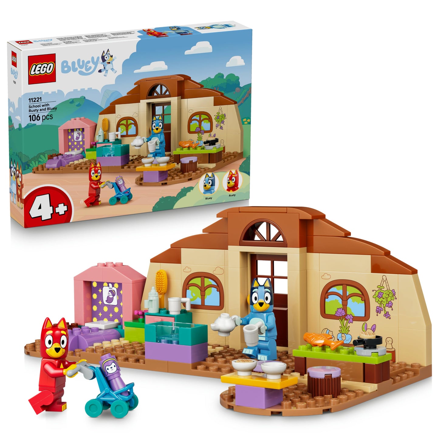 LEGO Bluey School with Rusty and Bluey - educational toy with kitchen, cafe, 2 minifigures & play food accessories - Montessori set - birthday gift for girls and boys aged 4 and over - 11221