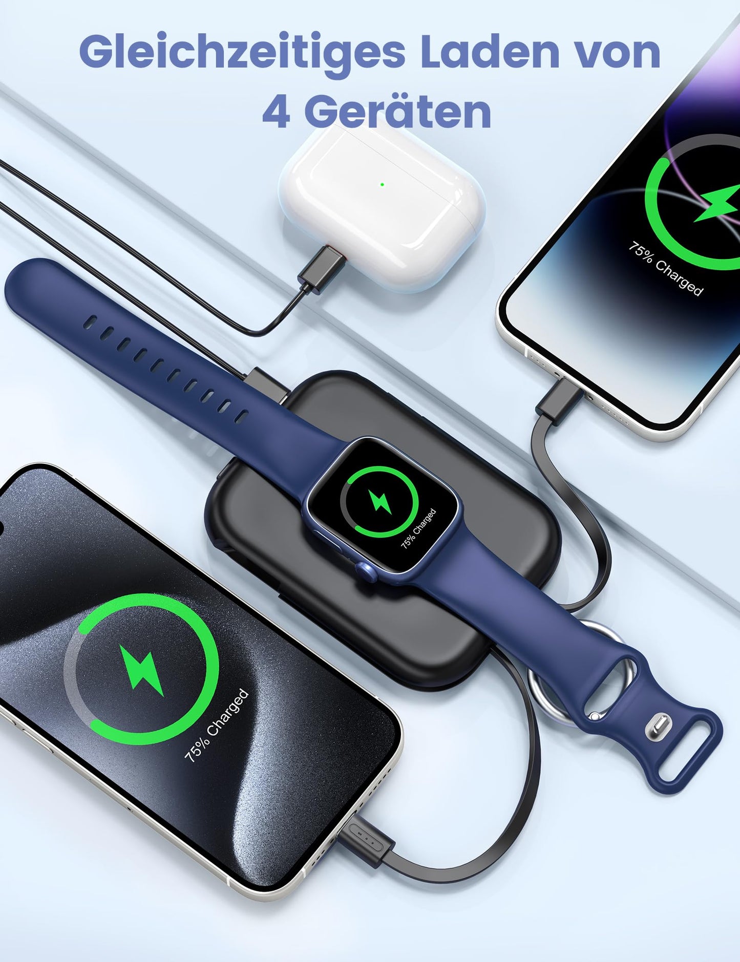 RORRY Power Bank, 5000mAh Power Bank with Integrated Cable, Travel Portable Charger Key Ring External Mobile Phone Batteries for iPhone 17/16/15/14/13/12, Apple Watch Ultra/11/10/9/8/7/6/SE, Black - D2