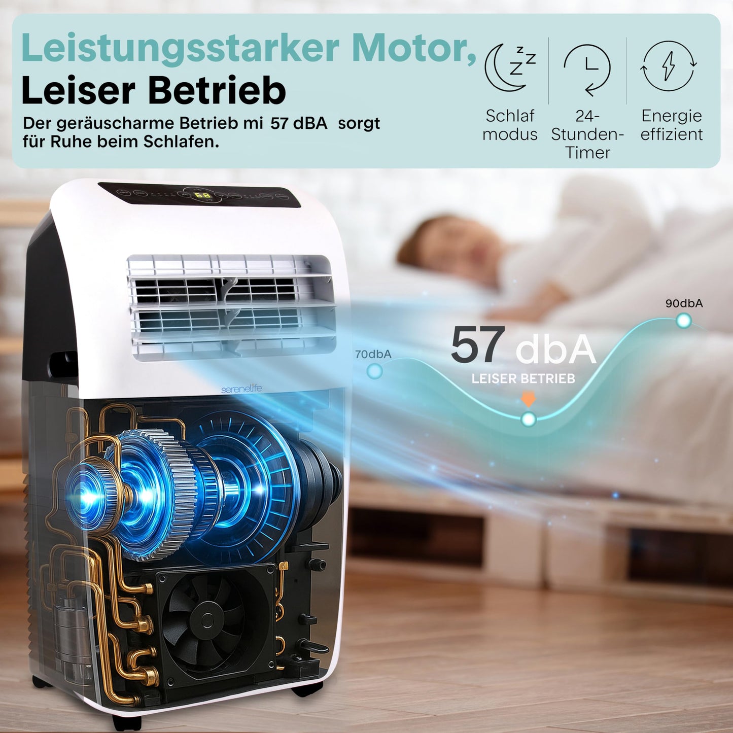 SereneLife Aer condiționat mobil 2.6 kW 7000 BTU - L52 dB Aer condiționat silențios pentru dormitoare de până la 28 m², răcire plăcută în zilele calde, cu dezumidificator, ventilator și telecomandă - SLPAC7EU