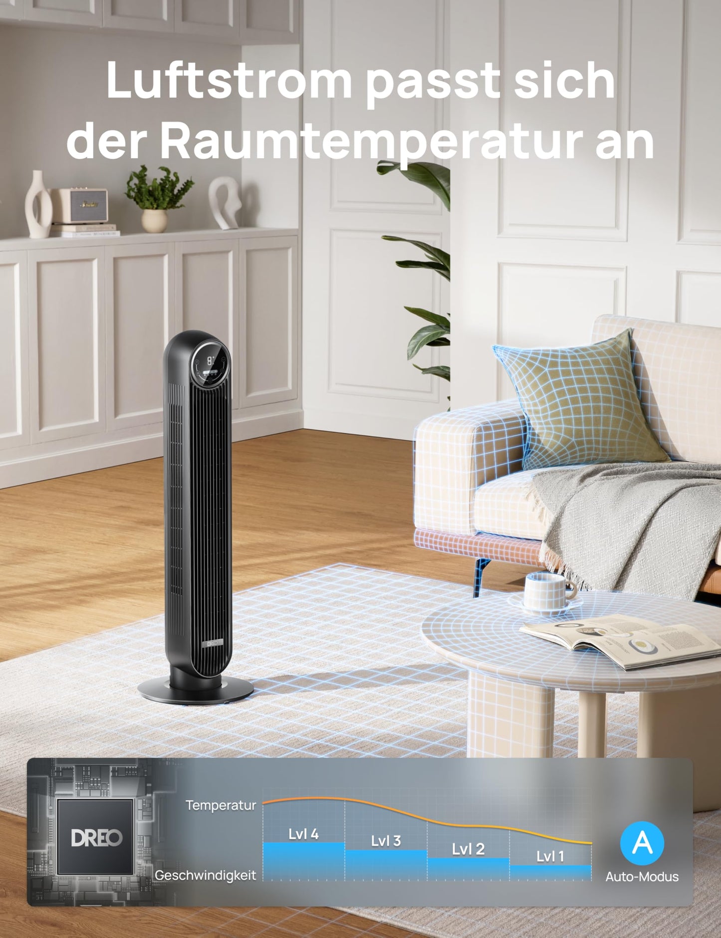 DREO Quiet tower fan, 10 m throw, 8 speed levels, 4 modes, 8 hour timer, 90° oscillating fan with cooling remote control for bedroom, tower fan 307, black - DR-HTF007