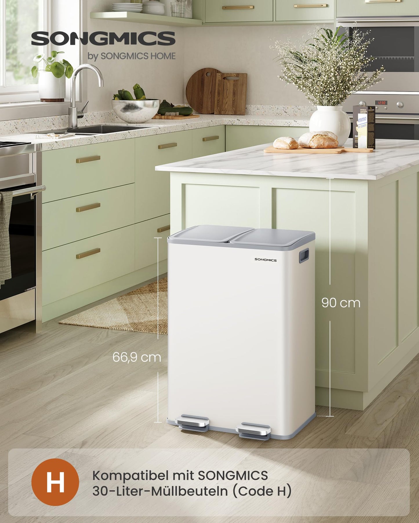 SONGMICS kitchen trash can, 2 x 30 liters, 2 compartments, trash can, pedal trash can, kitchen trash can with soft close lid and inner bucket, steel, including 15 trash bags, matt white LTB741W02