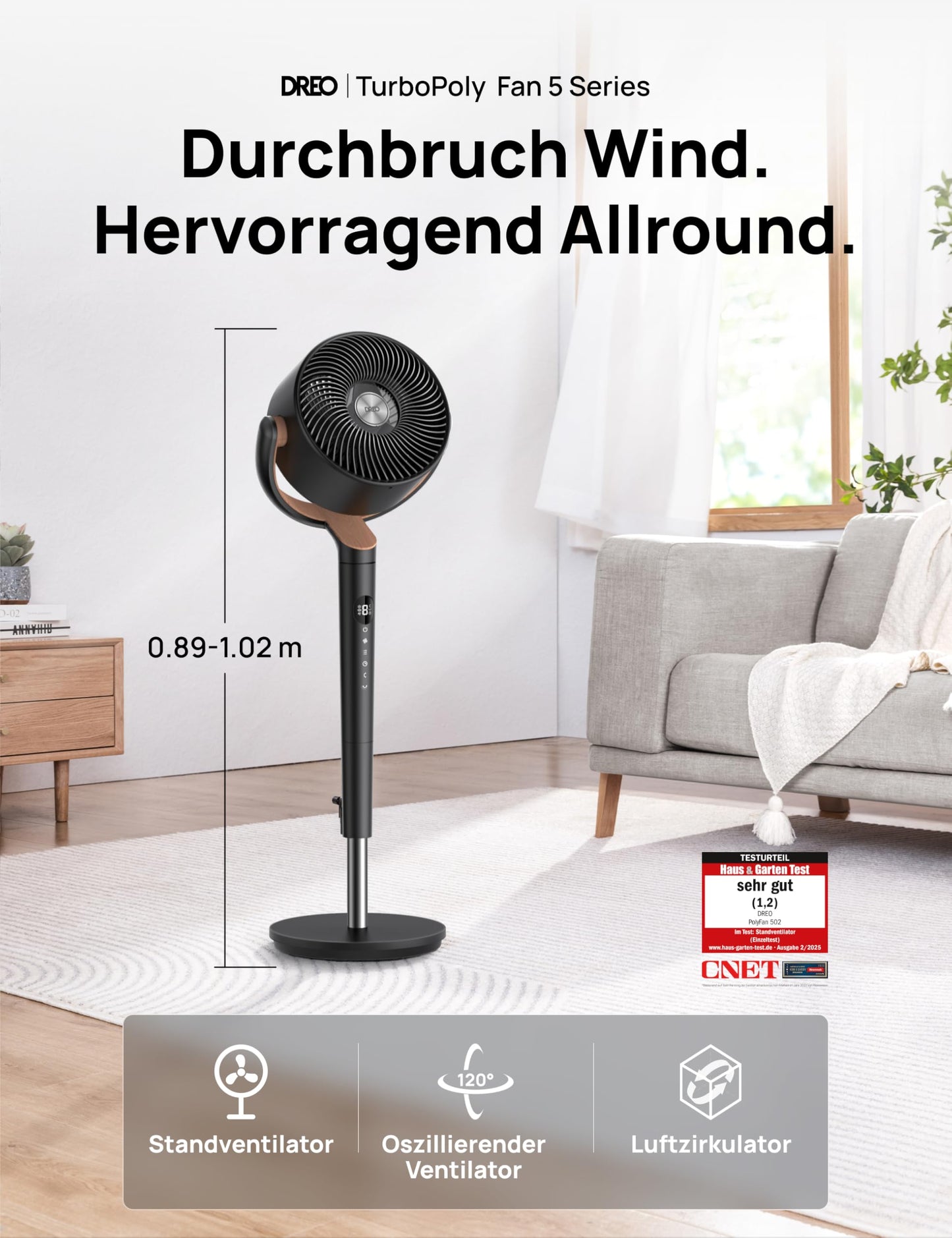 DREO 23dB quiet pedestal fan, 120°+120° omni-directional oscillating fan, 27M wind distance, 1615 m³/h air volume Real turbo air circulator fans, 89-102cm height 3 modes 8-speed - DR-HPF002