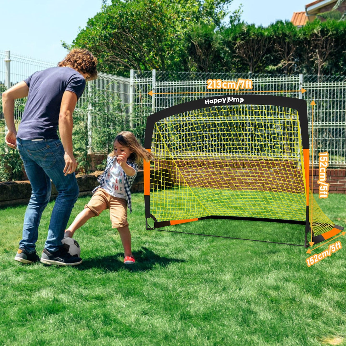 Happy Jump Pop-Up Football Goal - 213x152 cm, 1 Goal, Black Orange | Foldable Fiberglass Goal for Kids & Adults | Ideal for gardens and parks - A235666BQ1