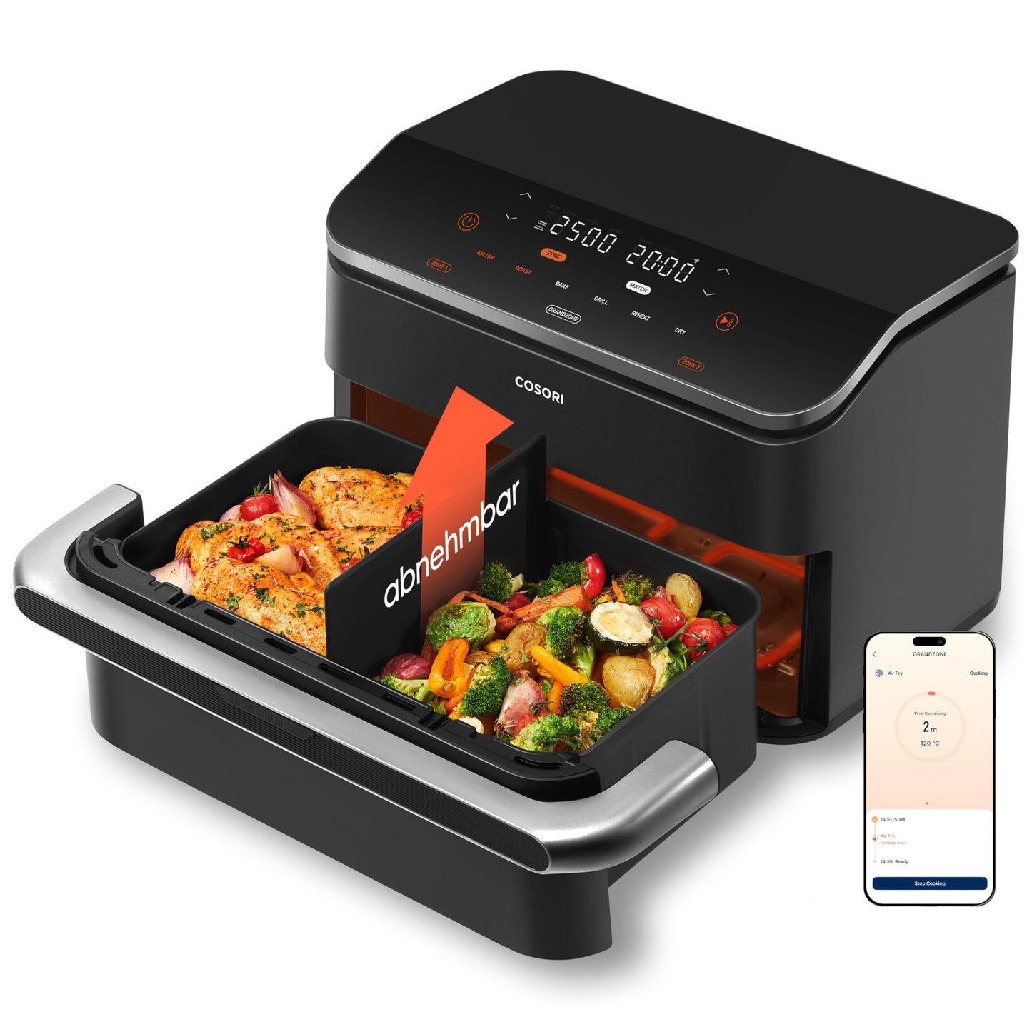 COSORI hot air fryer 2 chambers, Dual Blaze TwinFry 10L Airfryer, with 4 heating tubes and flexible chambers, even heat distribution, temperature up to 240 degrees C, black, TF102S