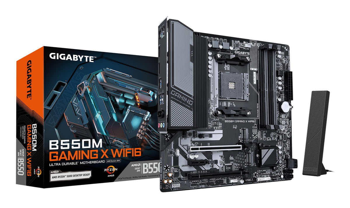 GIGABYTE B550M Gaming X WIFI6 Mainboard – supports AMD Ryzen 5000 processors, features a 5+3 phase VRM, up to 3200 MHz DDR4, 1x PCIe 4.0 + 1x PCIe 3.0 M.2, Wi-Fi 6, 1 GbE LAN, USB 3.2 Gen 1.