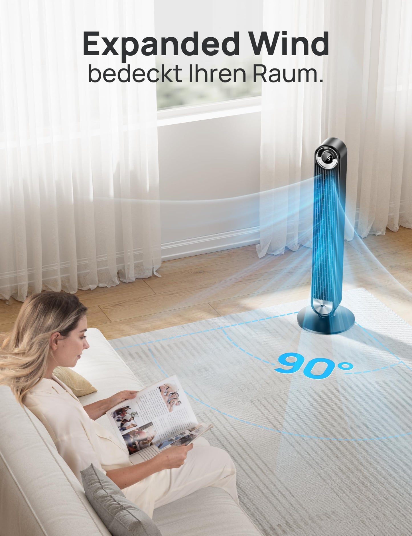 DREO 25 dB Quiet Smart Tower Fan, 106cm Height 4 Modes 9 Speed Max 7.9m/s 12H Timer 90° Oscillating Fan with Remote Control Voice Control Cooling, Cruiser Pro T2S, Black - DR-HTF009S