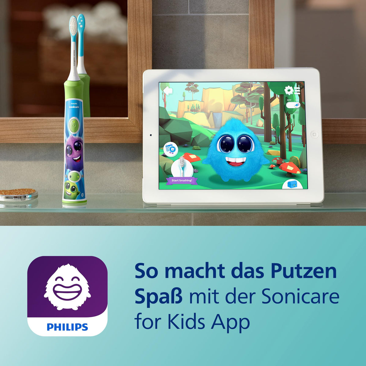 Philips Sonicare For Kids, periuță de dinți electrică cu tehnologie sonică, cu aplicație, pentru copii de la 3 ani, dotată cu SmarTimer și QuadPacer pentru o curățare temeinică, Verde, model HX6352/11