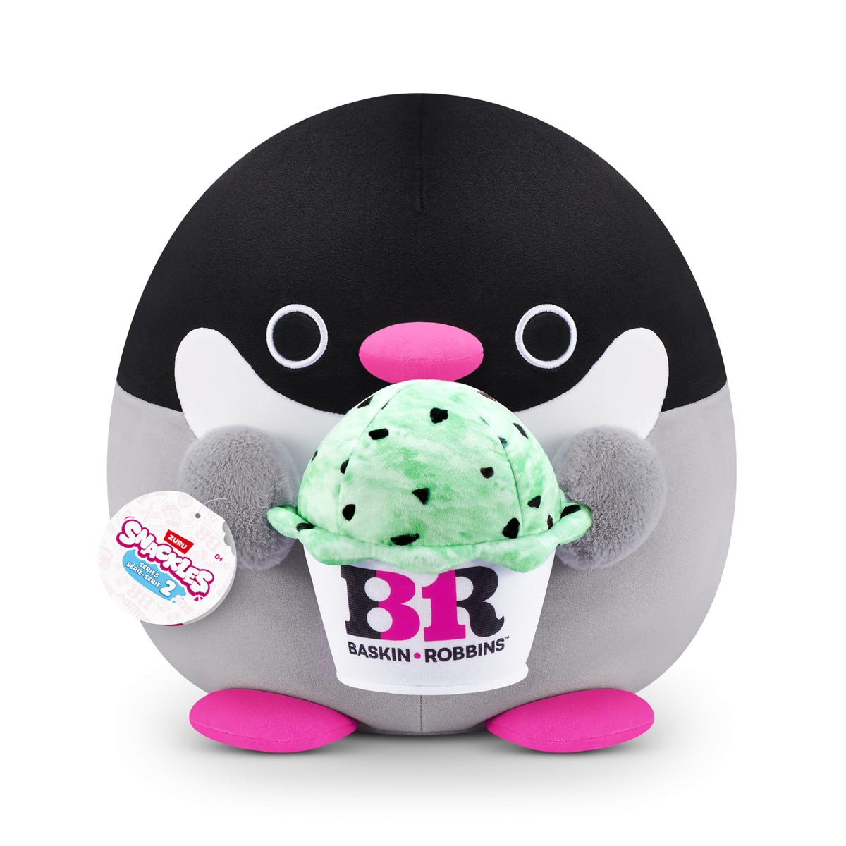 Snackles, Series 2, Penguin (Baskin Robbin), Plush Toy, Cuddly Squishy Comfort Plush with Licensed Snack Brand Accessory, Large (40 cm), Brown Box, (Penguin) - 77606G