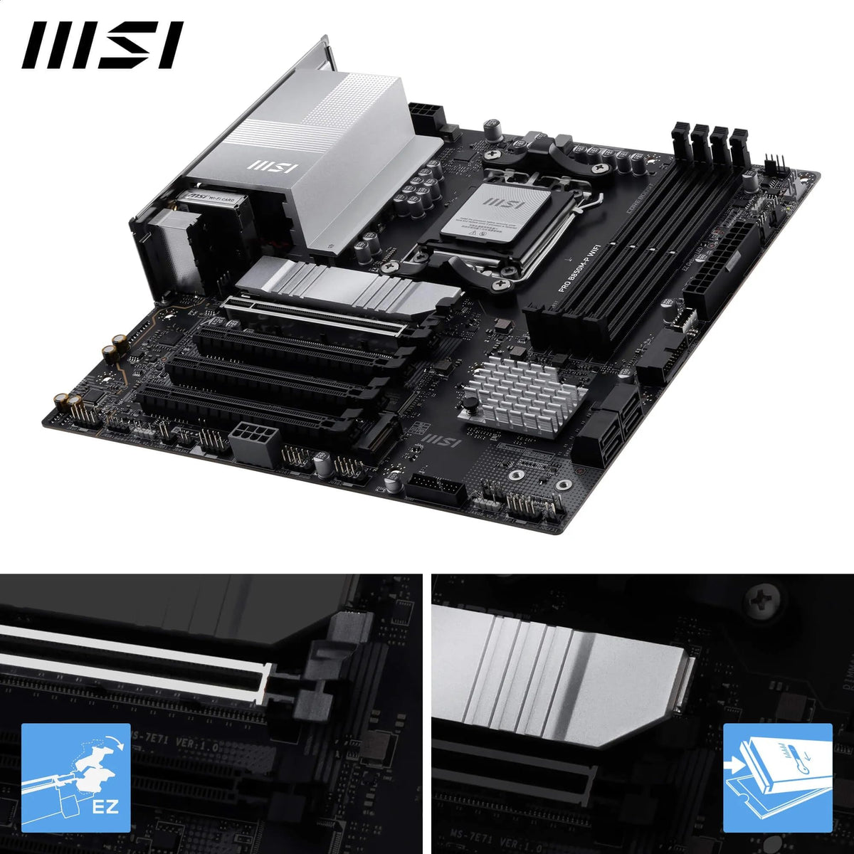 Placă de bază MSI PRO B850M-P WiFi, mATX - Suportă procesoare AMD Ryzen 9000/8000/7000, AM5 - Memorie DDR5 Boost (8200+ MT/s OC), PCIe 5.0 x16 și 4.0 x16, M.2 Gen5, Wi-Fi 7, LAN 5G - 7E71-001R