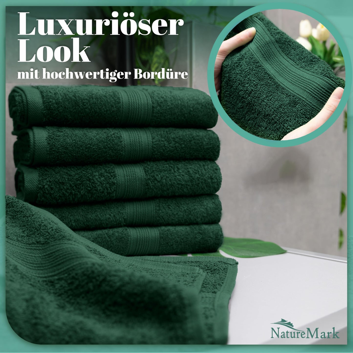 NatureMark 8 towel set - 100% cotton - absorbent and durable towels, size 50×100cm, dark green - 8er_dgrün