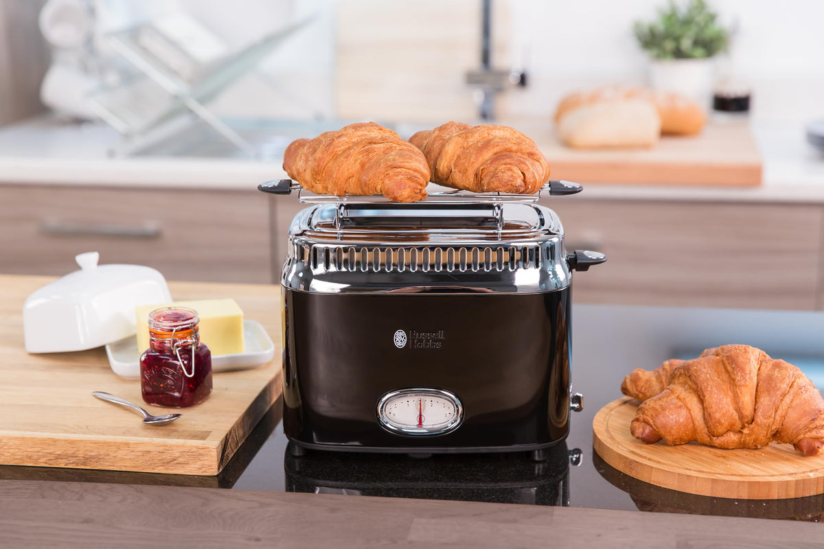 Russell Hobbs Toaster [for 2 slices] Retro Stainless Steel Black (Countdown display in retro design, includes bun warmer, 6 browning levels + defrost & reheat function, 1300W) Vintage 21681-56