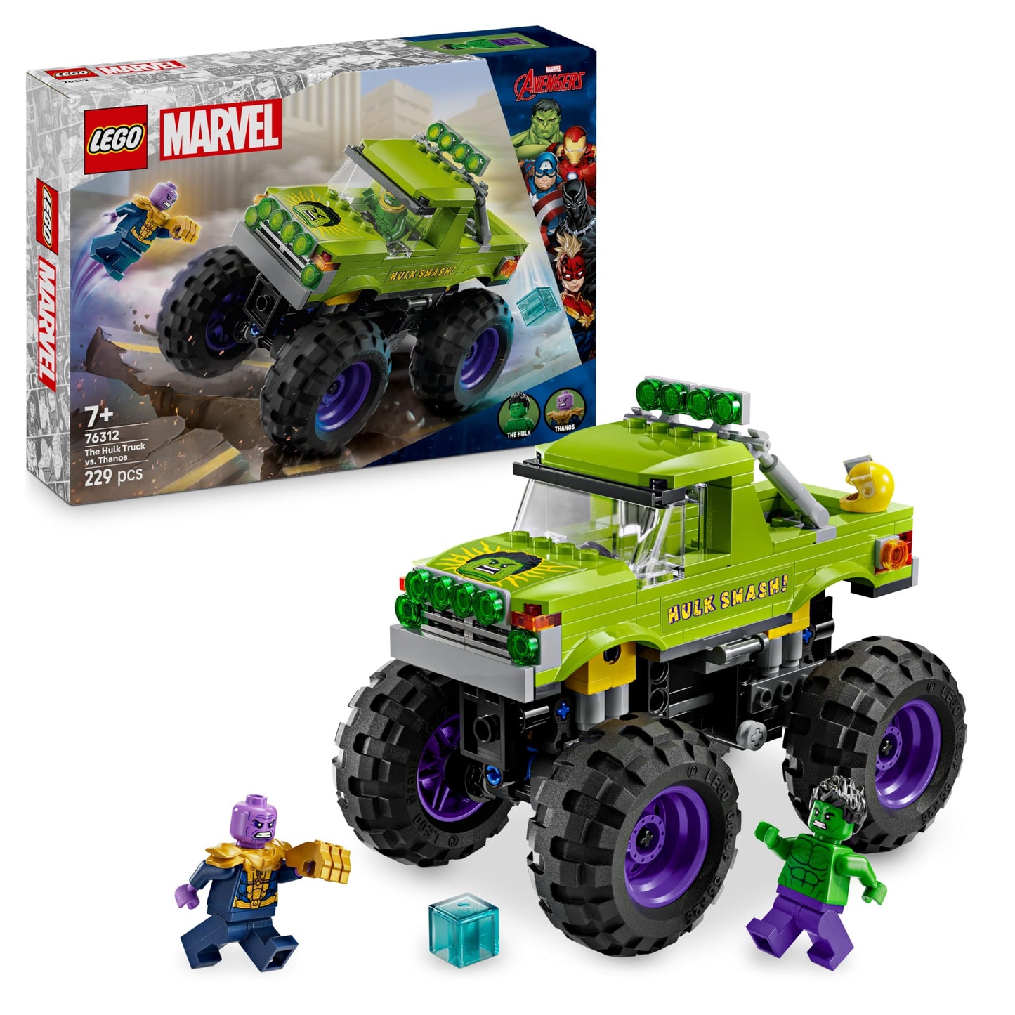 LEGO ǀ Marvel Hulk Truck vs. Thanos - Creative superhero toy - Avengers vehicle and minifigures - Monster truck for fun - Gift for boys and girls aged 7 and up - 76312