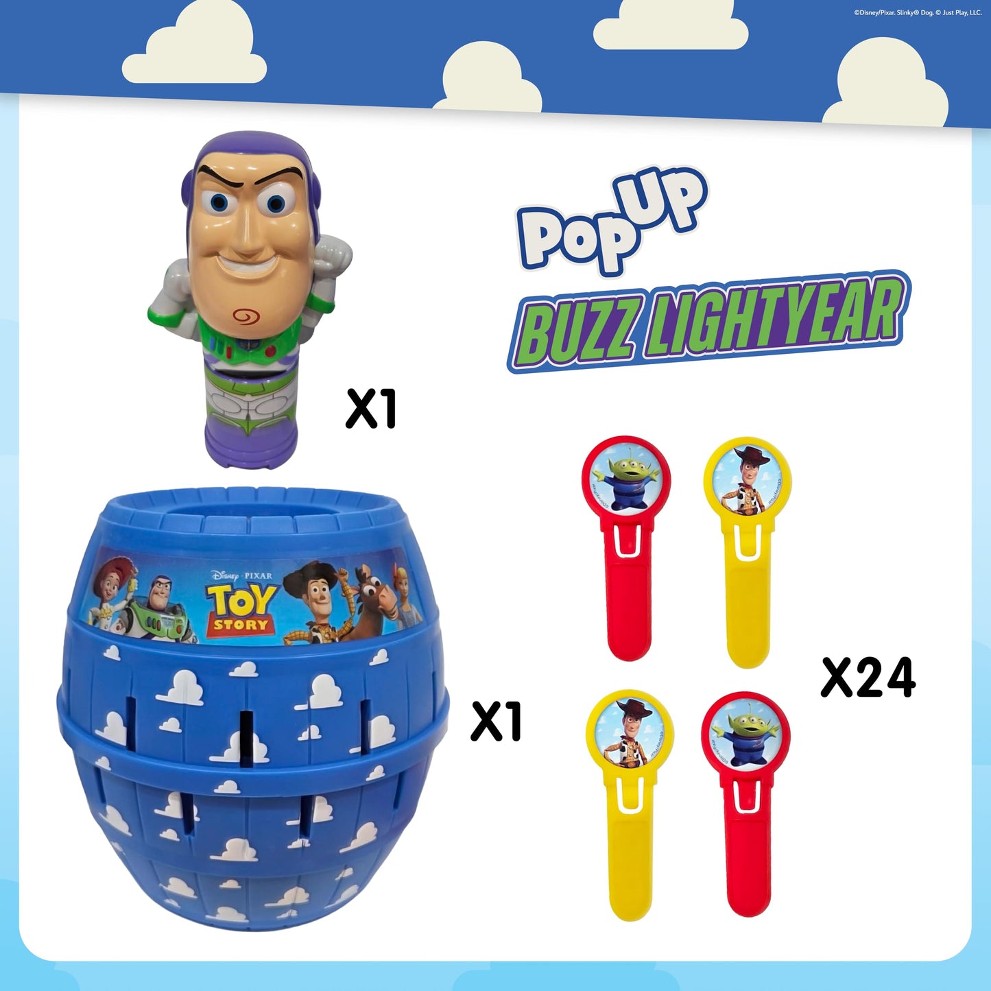 TOMY Pop Up Buzz Lightyear game, Toy Story children's action game, fun plug-in game with sticks, Disney Pixar Buzz Lightyear family game, quick reaction game for 2-4 players, ages 4 and up - T73938