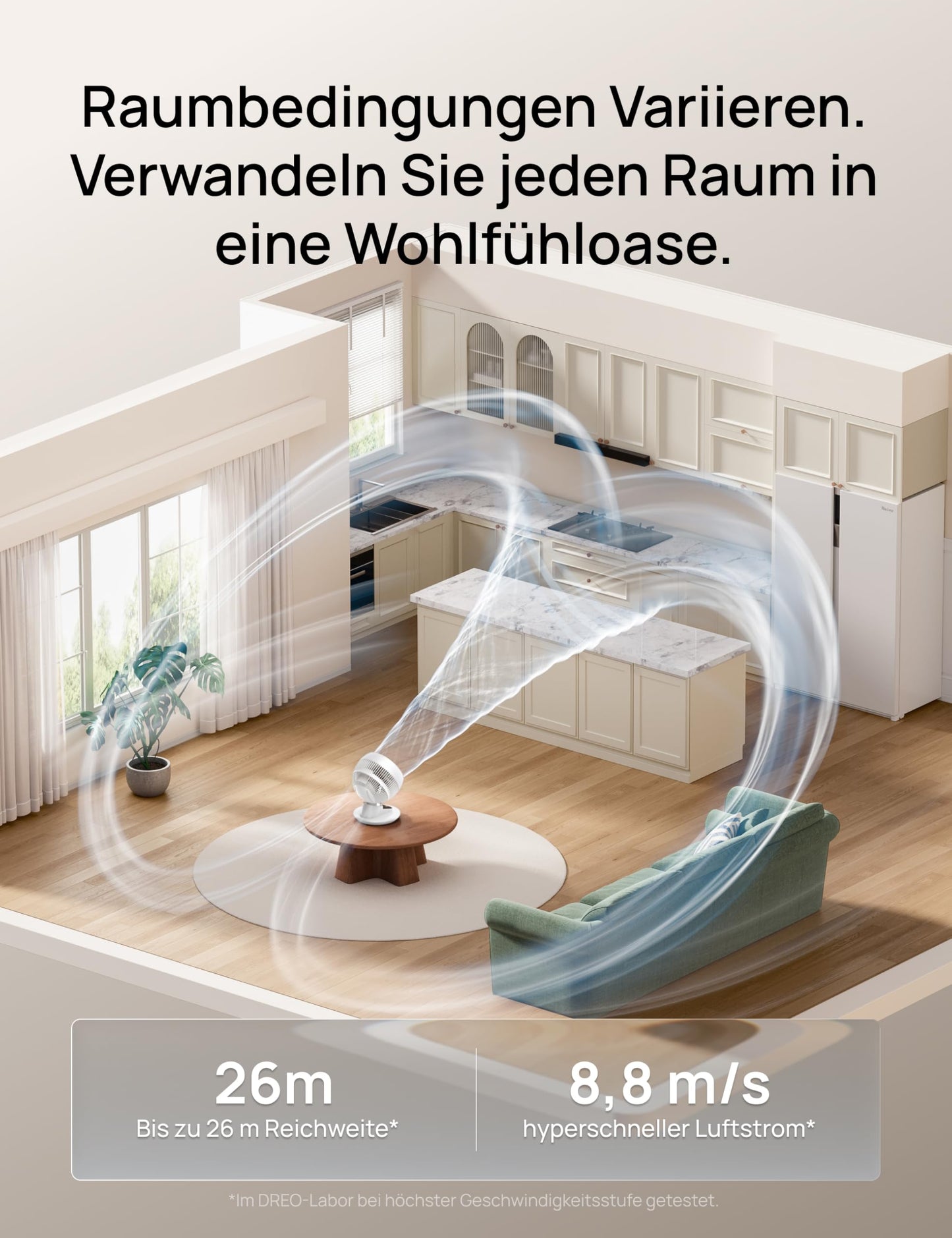 DREO 3D table fan, very quiet 22 dB, small fan with remote control, 8.8 m/s strong airflow, 90° oscillation, app & voice control, 9 levels, 8/12h timer for bedroom & office - DR-HAF008