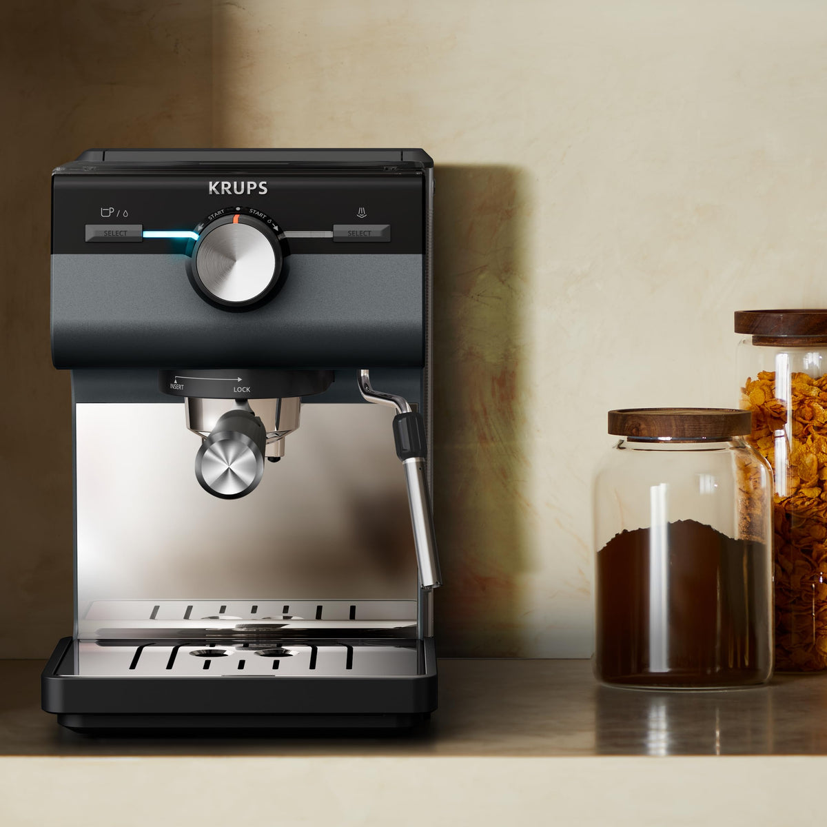 Krups Authentic+ Espresso Machine, 15 bar, intuitive operation, refined design, steam nozzle, including extensive accessories, Bullet Dark Silver/Stainless Steel, XP384G10