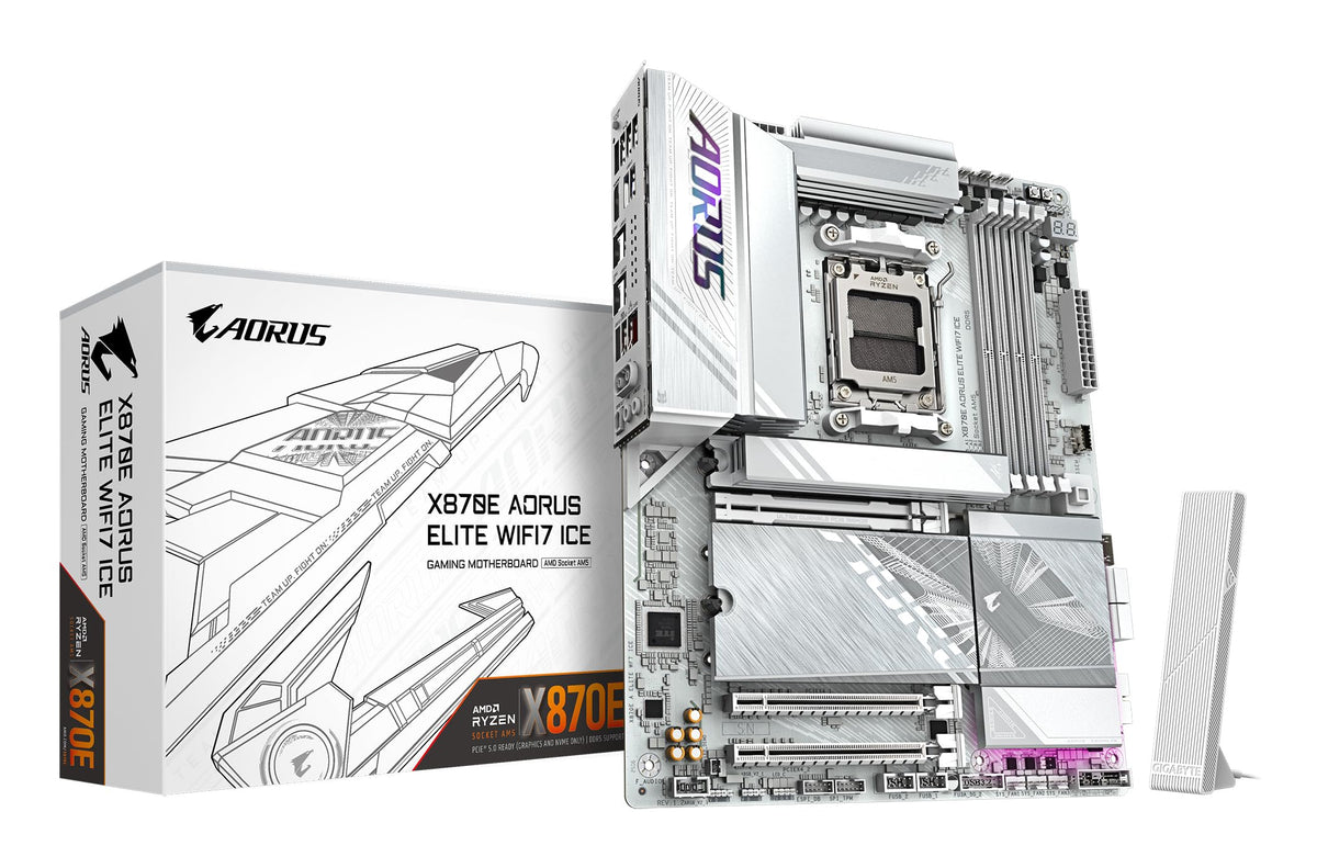 GIGABYTE X870E AORUS Elite WIFI7 Ice Mainboard – Supports AMD Ryzen 9000 processors, digital 16+2+2 phase VRM, up to 8200 MHz DDR5 (O.C.), 3X PCIe 5.0 + 1x PCIe 4.0, Wi-Fi 7, 2.5 GbE LAN