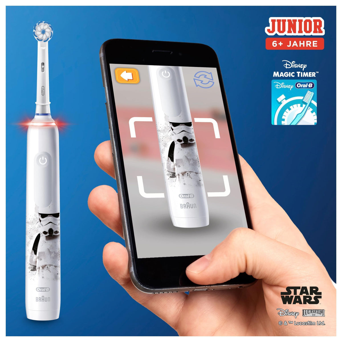 Oral-B Junior Star Wars Periuță electrică pentru copii de la 6 ani, 2 capete de periuță, control al presiunii 360°, 2 moduri de curățare inclusiv îngrijire sensibilă, peri moi, cronometru, alb - 8006540760437