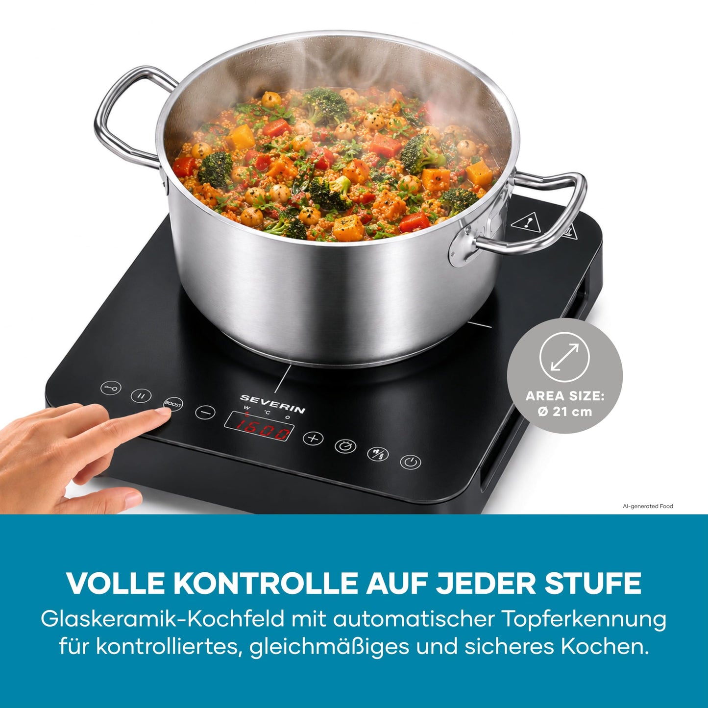 SEVERIN induction hob, 1 plate, 10 power levels, temperature range 60-240°C, touch display, Ø 22cm, matt hob, with glass ceramic hob, pot detection, black, 2,000 W, KP 1026
