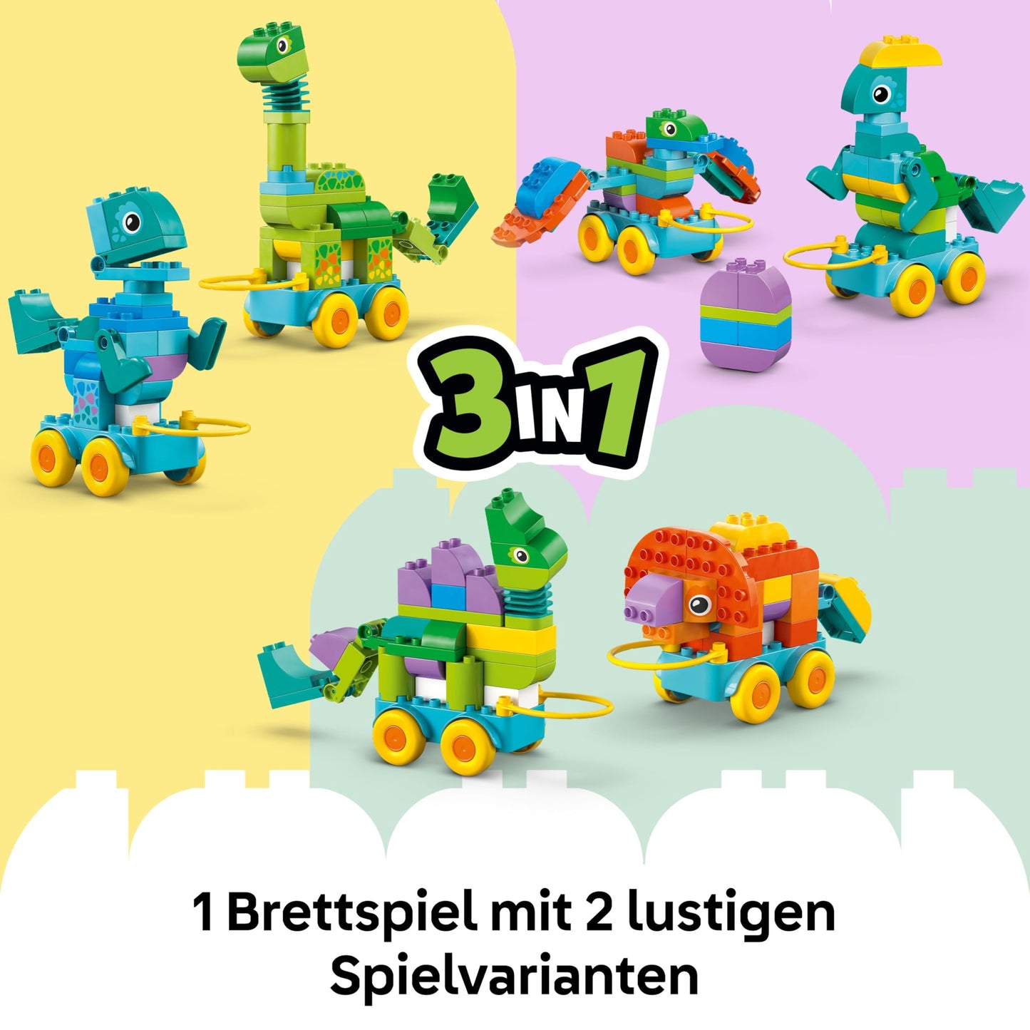 LEGO DUPLO Town Dinos on Wheels 3-in-1 Set - Toys for Girls & Boys Ages 3+ - Diplodocus and T. rex, Triceratops & Stegosaurus or Pteranodon & Parasaurolophus Dinosaur Figures - 10451