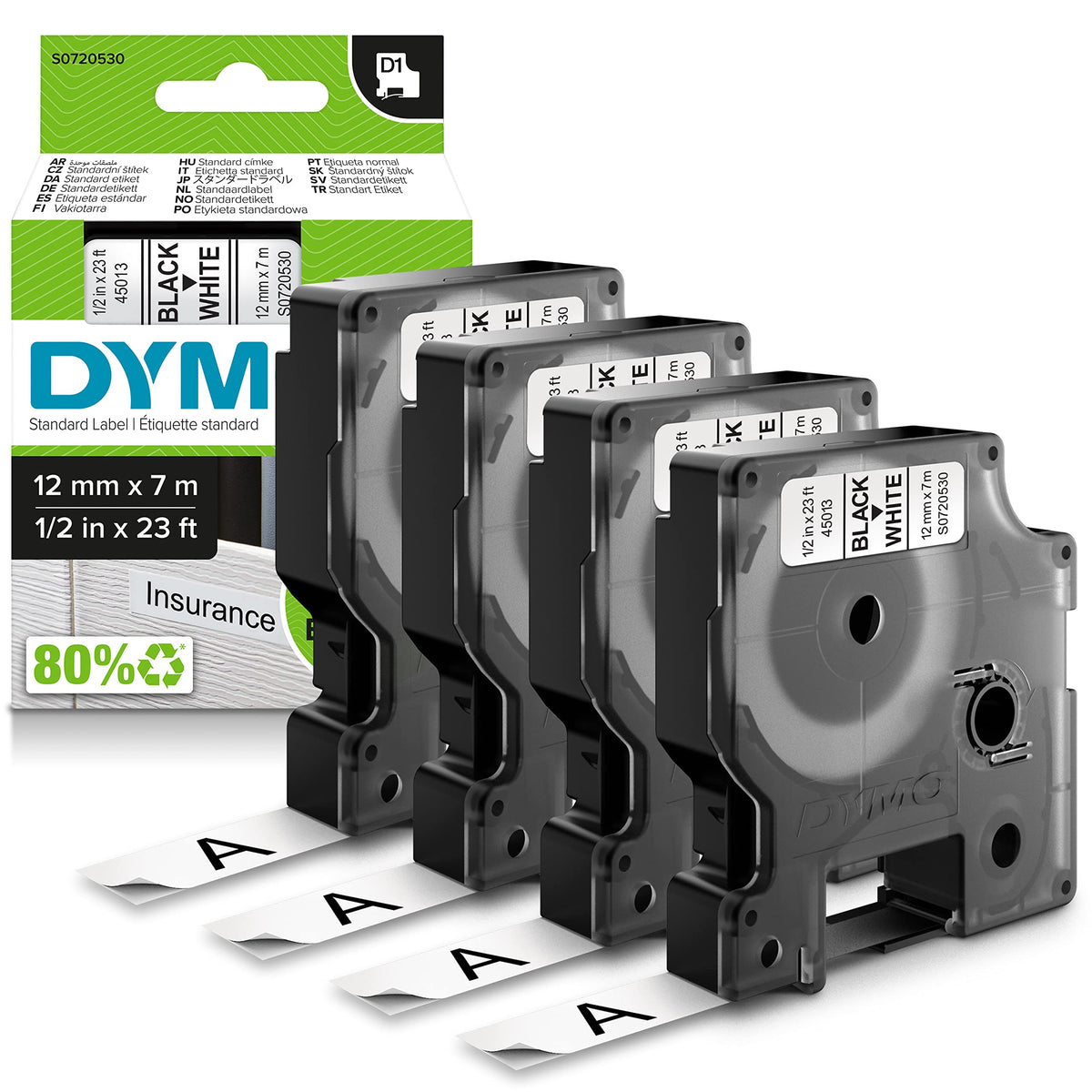 DYMO Original D1 Label Tape | black on white | 12mm x 7m | self-adhesive labeling tape | for LabelManager labeling device | 4 D1 label cassettes - 2150471