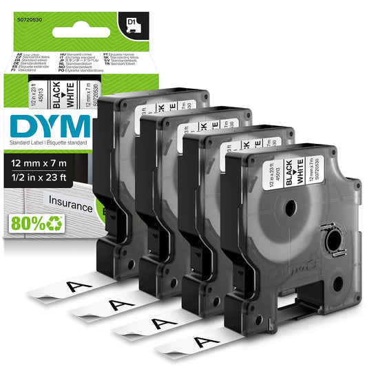 DYMO Original D1 Label Tape | black on white | 12mm x 7m | self-adhesive labeling tape | for LabelManager labeling device | 4 D1 label cassettes - 2150471