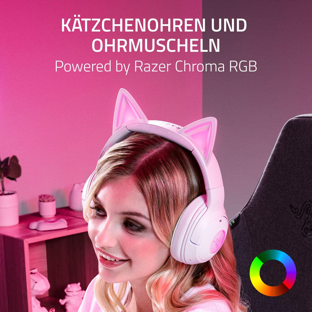 Razer Kraken Kitty V2 BT - Wireless Bluetooth RGB Headset with Kitty Ears for Gaming and Streaming (325g, Triforce 40mm Drivers, Bluetooth 5.2, Noise-Cancelling Mic, 40 Hours Battery Life) White - RZ04-04860600-R3M1