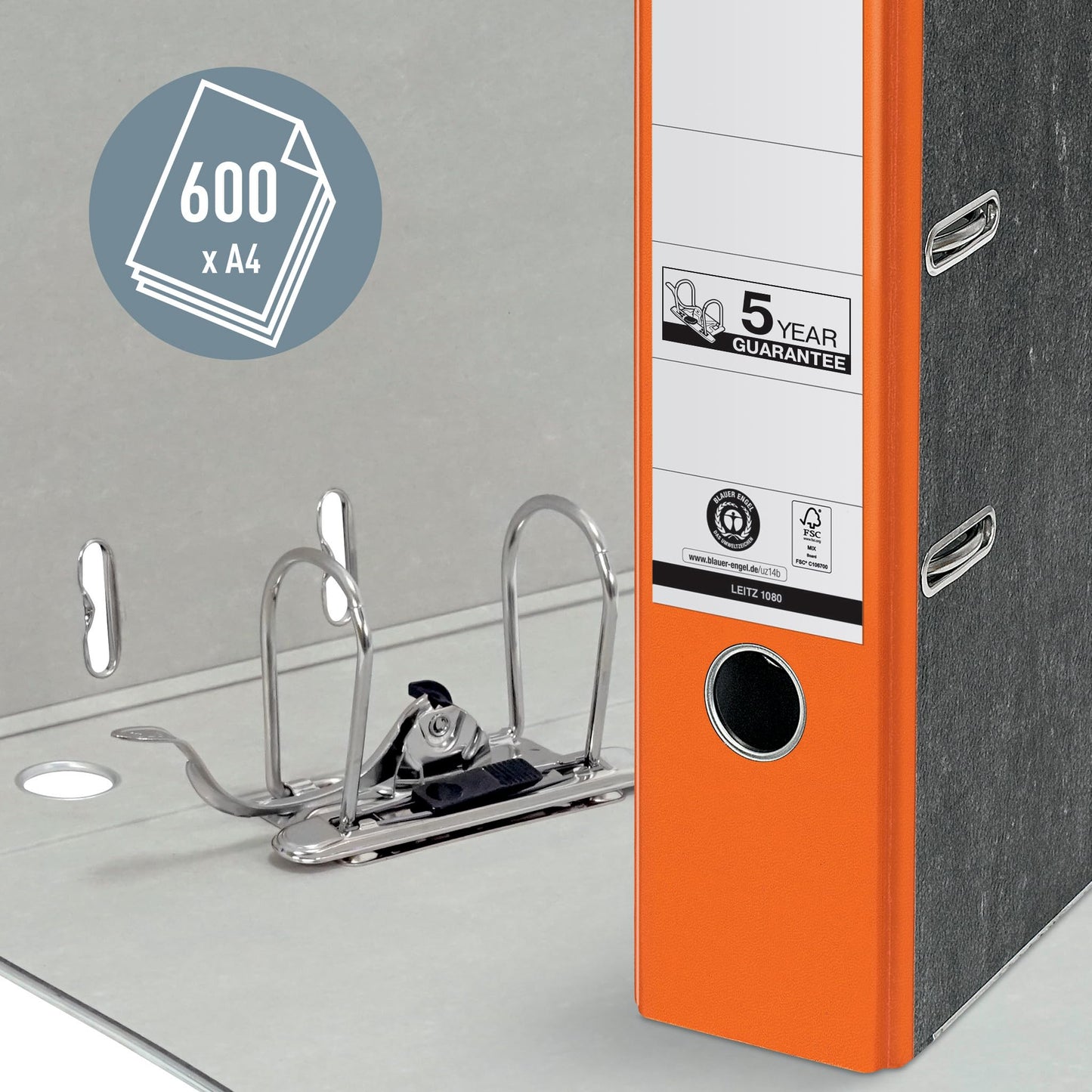 Leitz quality folders 180°, pack of 20, A4, 100 percent recycled cardboard, 8 cm spine width, cloud marble paper, orange spine, 10805045