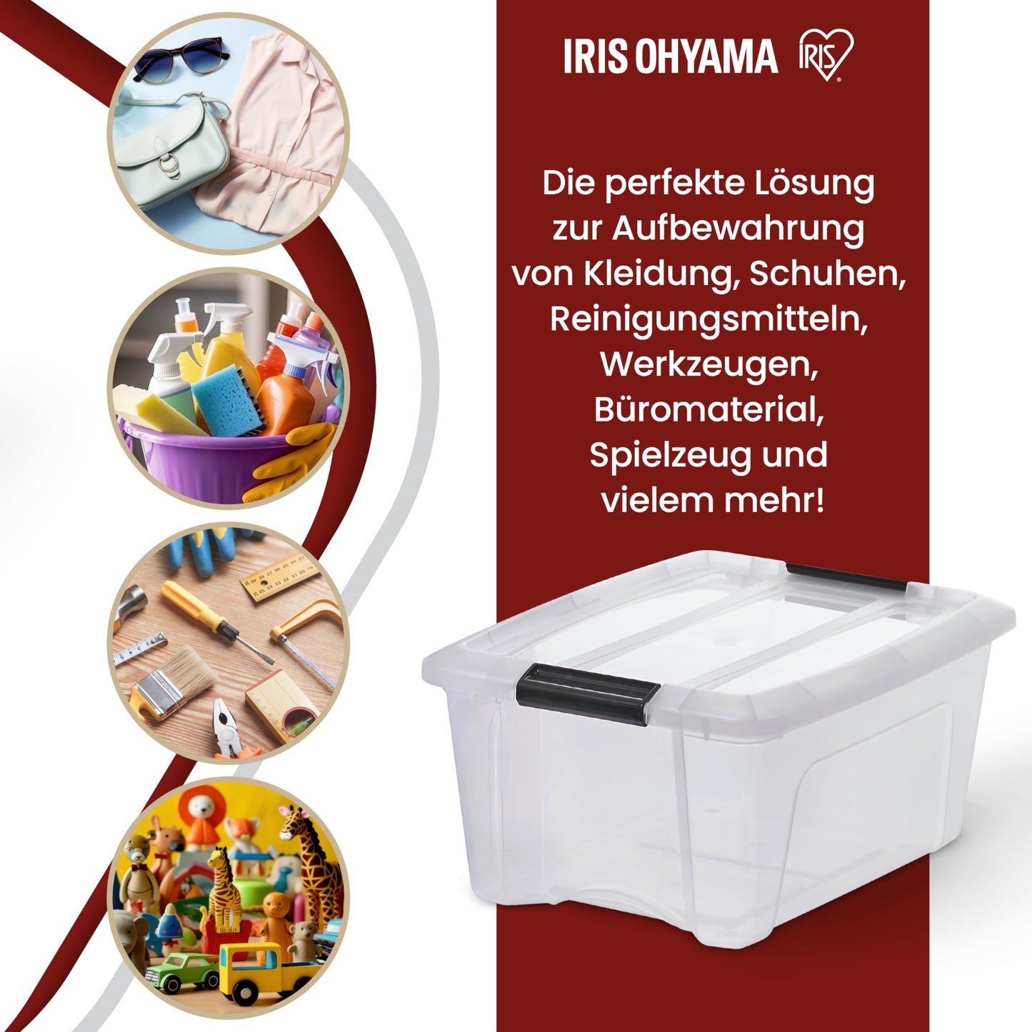 Iris Ohyama Storage Boxes with Lids, 15L, Set of 6, Transparent, Secure Closure, Stackable, Handles, Bedroom, Closet, Office, Organization, BPA Free Plastic, Organizer Boxes, NTB-15 - 104510