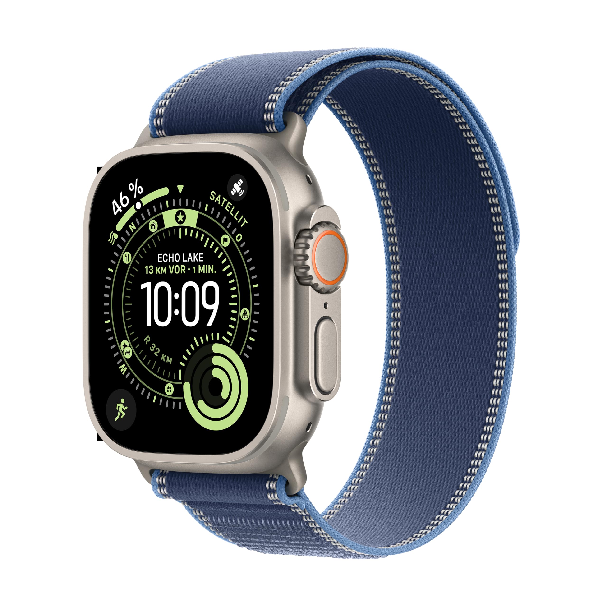 Apple Watch Ultra 3 GPS + Cellular 49 mm premium smartwatch for running training and combination sports with robust titanium case in natural and trail loop in blue/light blue (S/M) - MEWR4QF/A