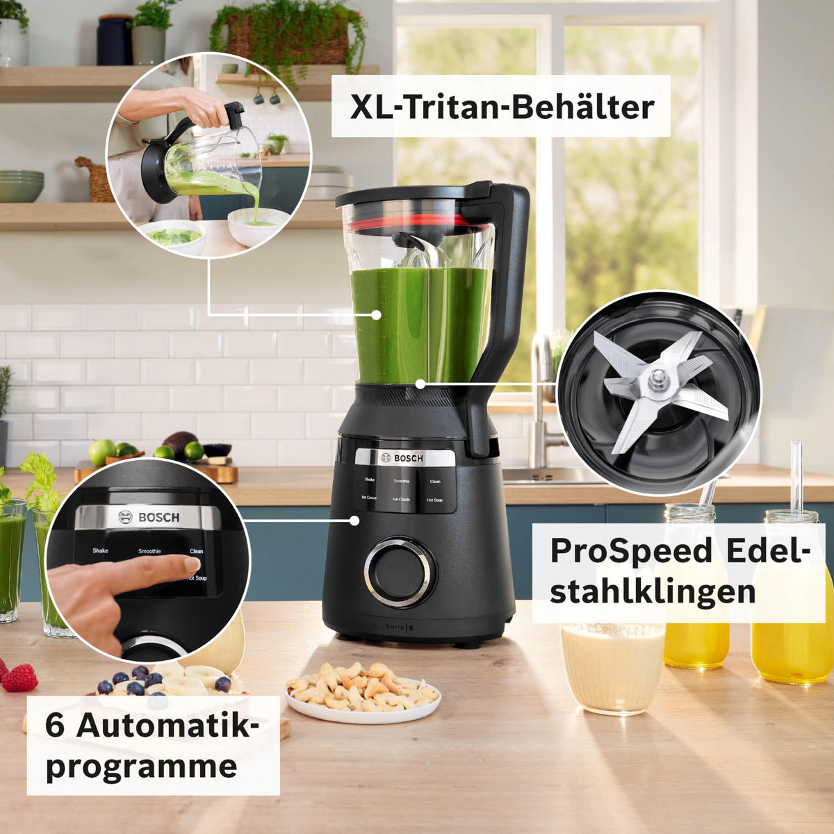 Bosch Highspeed Blender, Smoothie Maker, 45,000 RPM, 6 Programs (including hot soup & cleaning), 2 L Mixing Container, dishwasher-safe parts, Made in Europe, 1800W, VitaPower Series 6 MMBD665B1