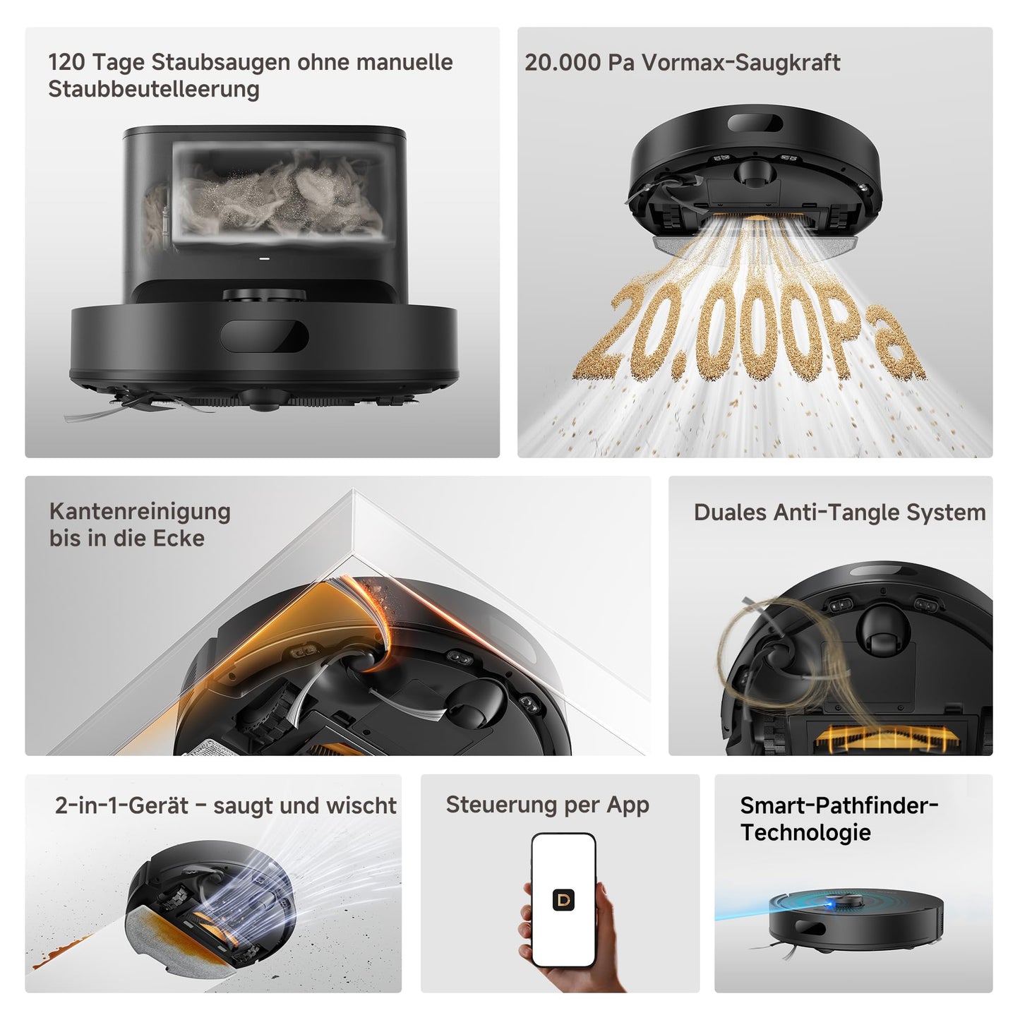 dreame D20 Air Plus robot vacuum and mop with 20,000 Pa suction power, tangle protection, self-draining dock, deep carpet cleaning and smart navigation. - RLF41GD
