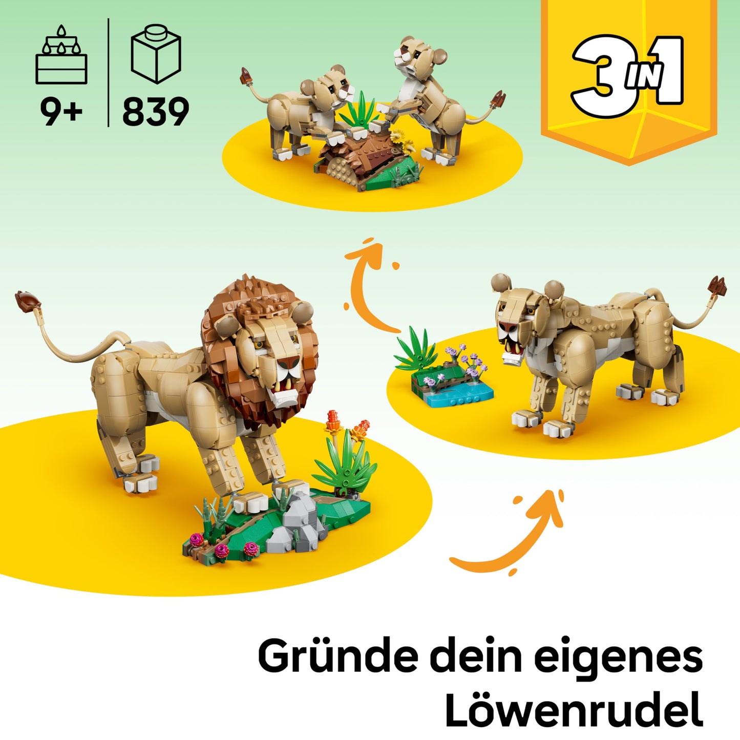 LEGO Creator 3-in-1 set Wild Animals: Majestic Lion - building set for children aged 9 and up - lion, lioness or 2 lion cubs to build, play and display - gift - 31386