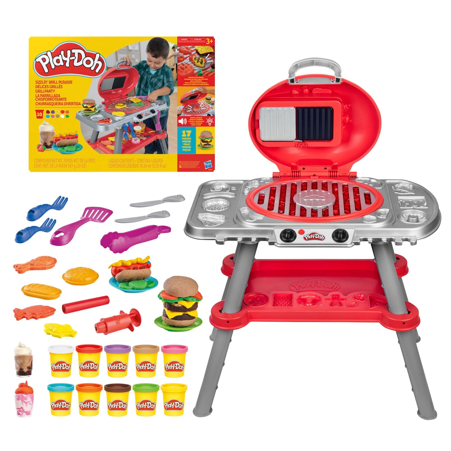 Play-Doh barbecue party toy, barbecue station with shapes, accessories and 6 cans of dough for crafts, grilling and cooking, kitchen toys, craft set and exciting for ages 3 and up - G0500