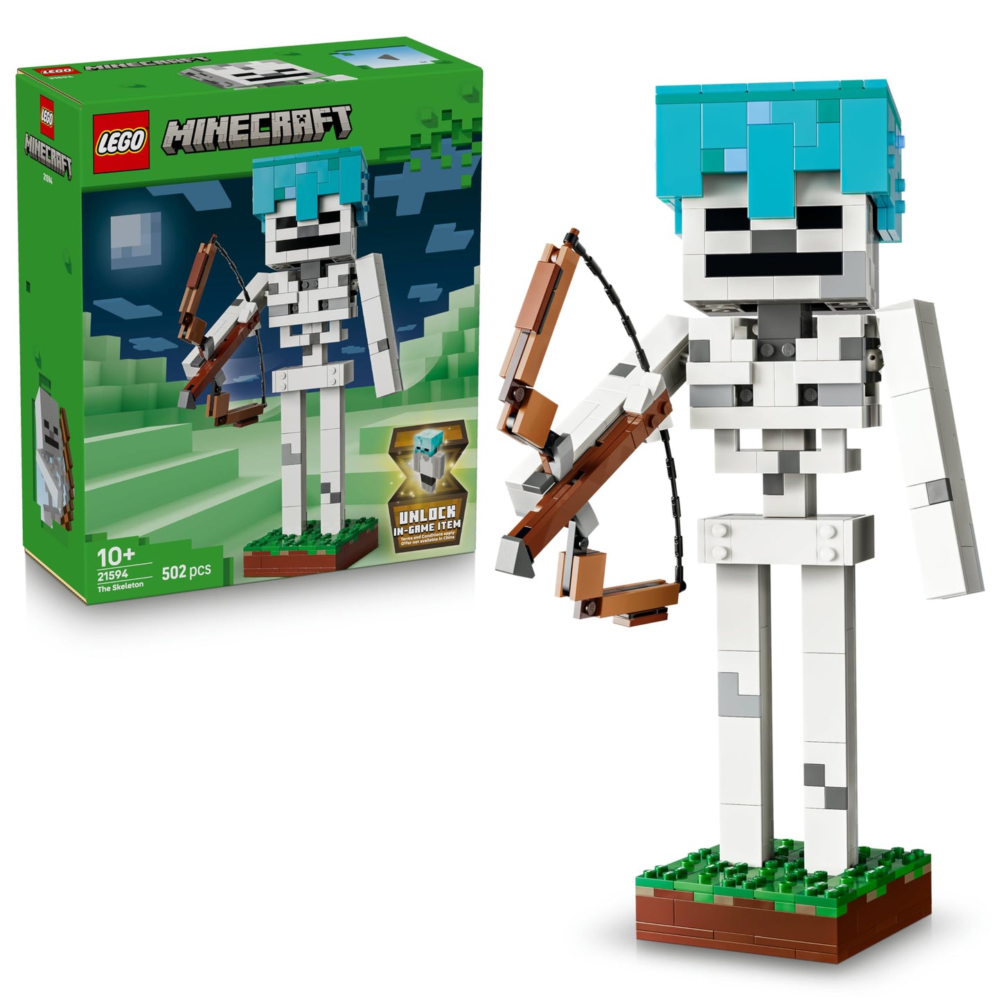 LEGO Minecraft The Skeleton - Mob figure with diamond helmet, bow and arrow and grass base as a room decoration for children - gaming gift for boys, girls and fans aged 10 and over - 21594