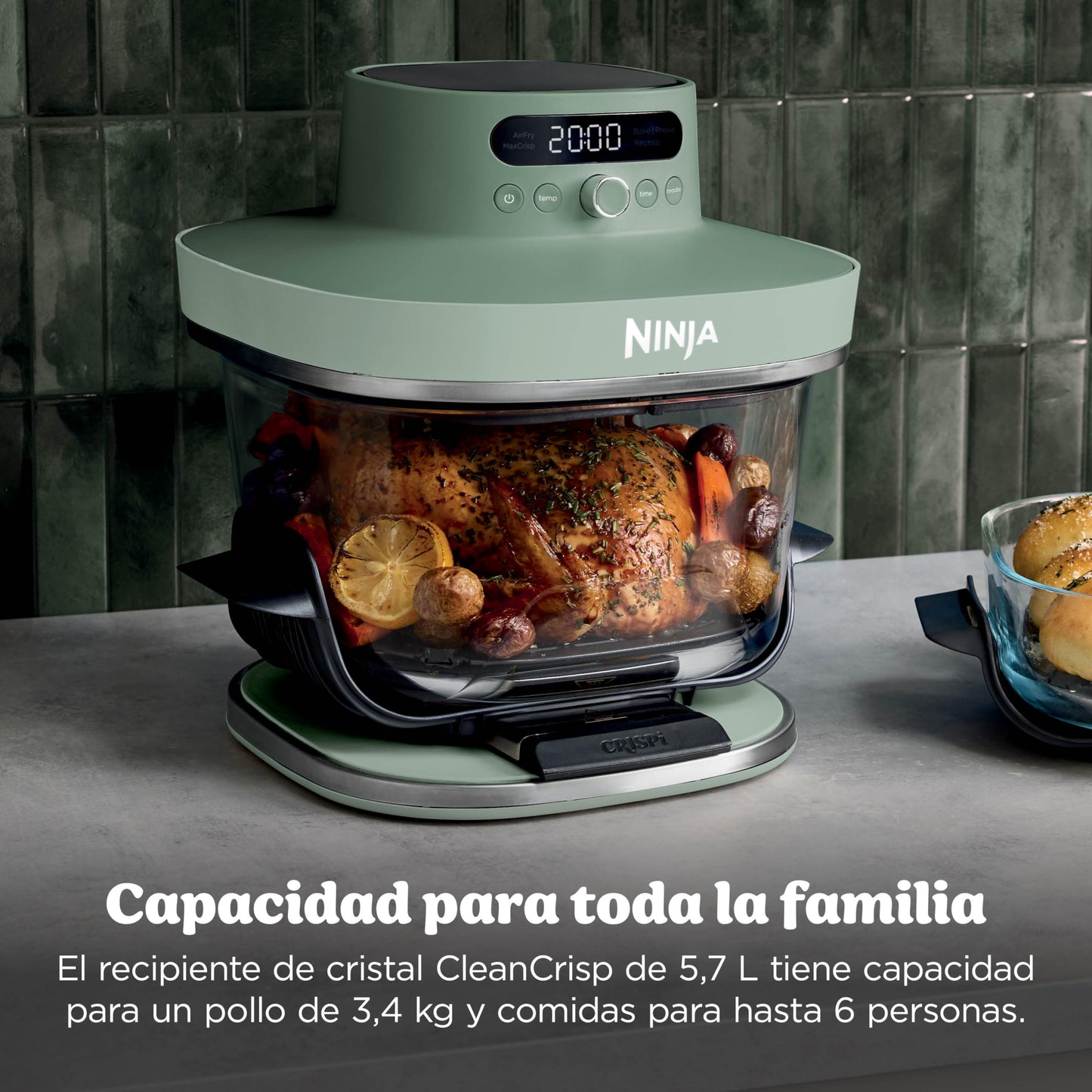 Ninja CRISPi PRO XL Glass Air Fryer, 5 Preset Cooking Functions, CleanCrisp Glass Containers (5.7L and 2.3L) and Storage Lid, Moss Green AS090EUGN