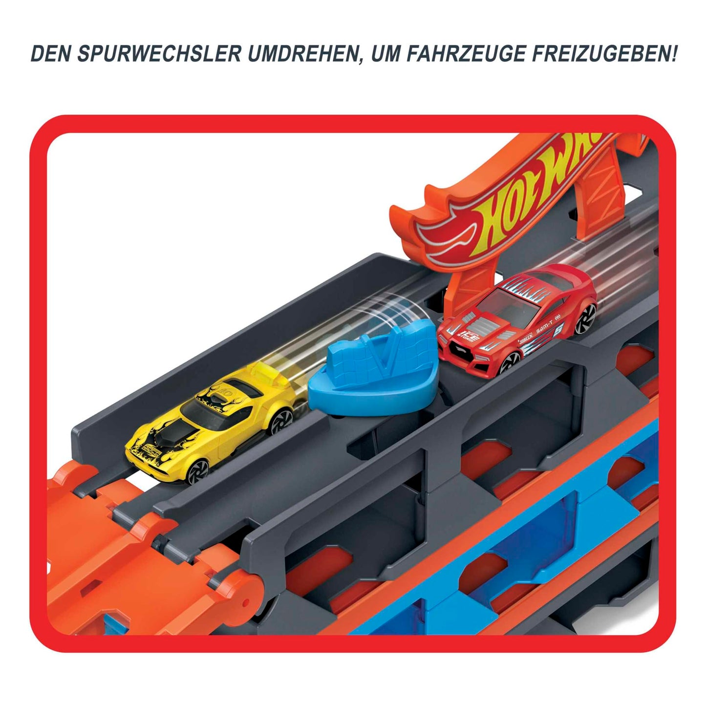 Hot Wheels - 2:1 car racing track to transporter, including 3 toy cars, with double starter, trigger function and switch, space for 20 cars, toys from 4 years, HGH33