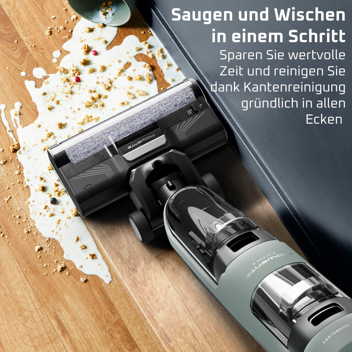 Rowenta X-Clean 2, 2-in-1 wet-dry vacuum cleaner, ECO/MAX modes for flawless results, weighs 1.1 kg, self-propelling brush, edge cleaning, 90 seconds self-cleaning cycle, Eucalyptus, GZ2262E0