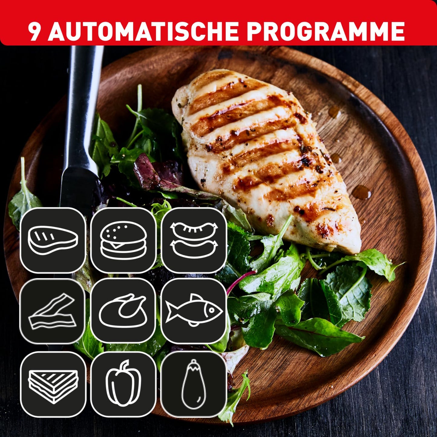 Tefal OptiGrill+ XL contact grill, 9 programs, manual mode, 200 W, cooking level display, thickness measurement, removable XL plates, electric grill, stainless steel, GC722D16